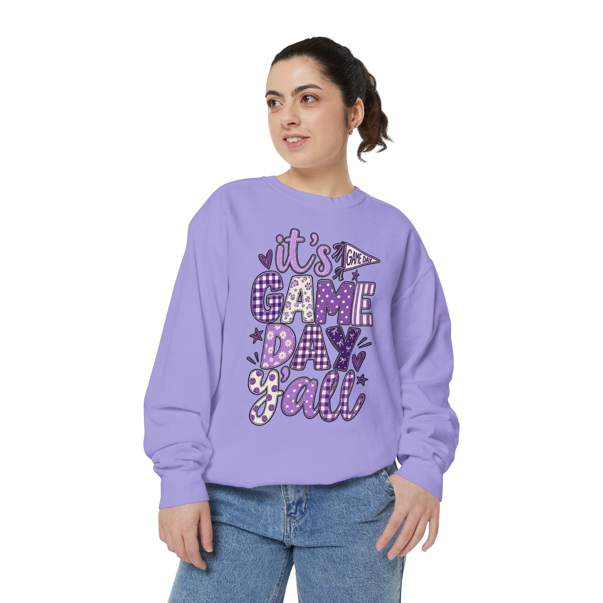 Game Day Y'all Sweatshirt — Playful Purple Sports Graphic Crewneck