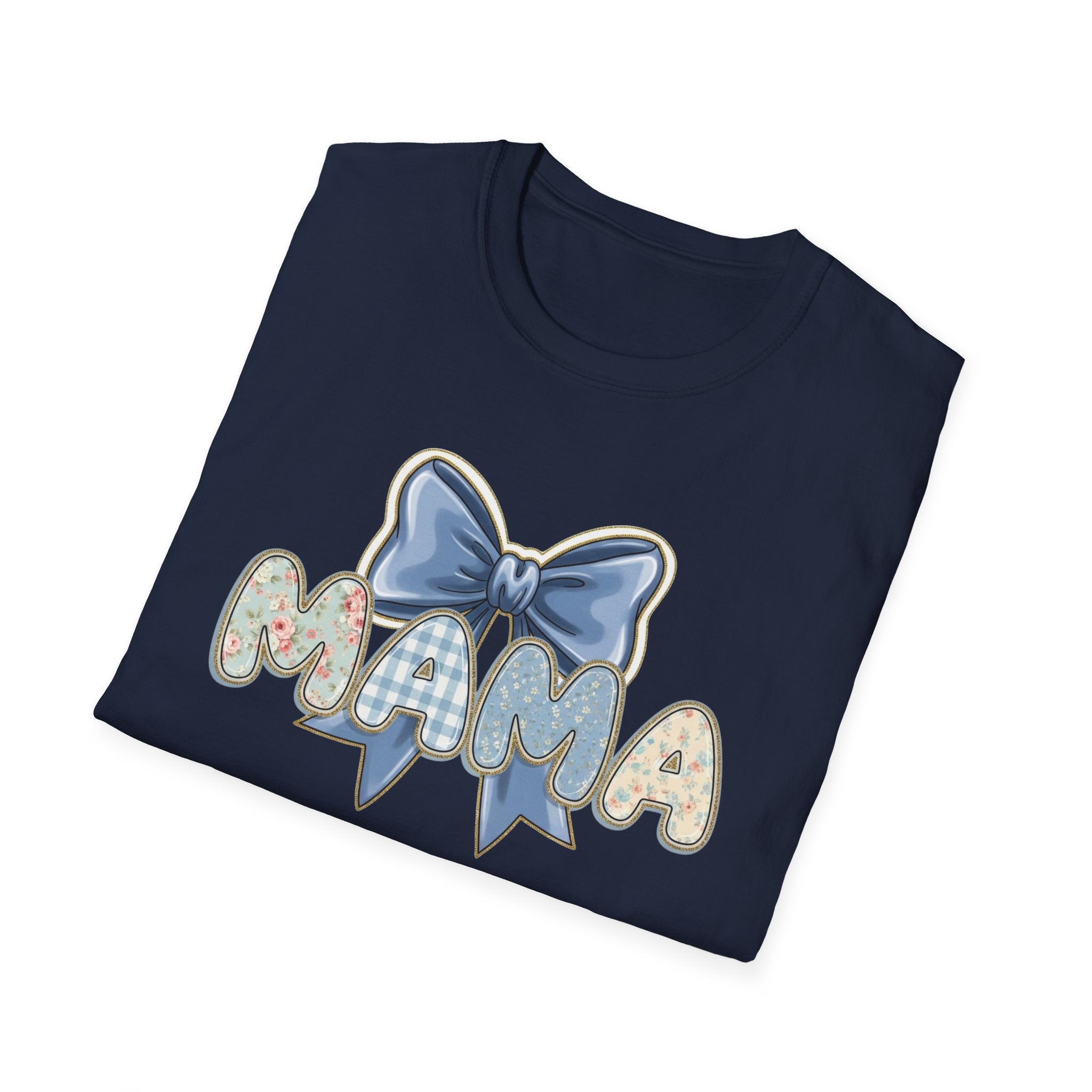 Mama bow graphic T-Shirt | floral letters, blue gingham bow