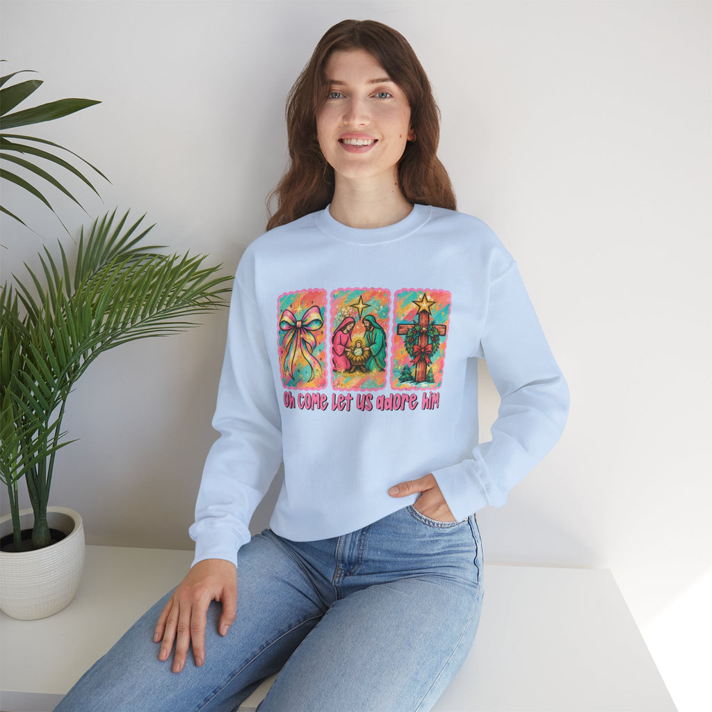 Oh Come Let Us Adore Him Christmas Religious Crewneck Sweatshirt