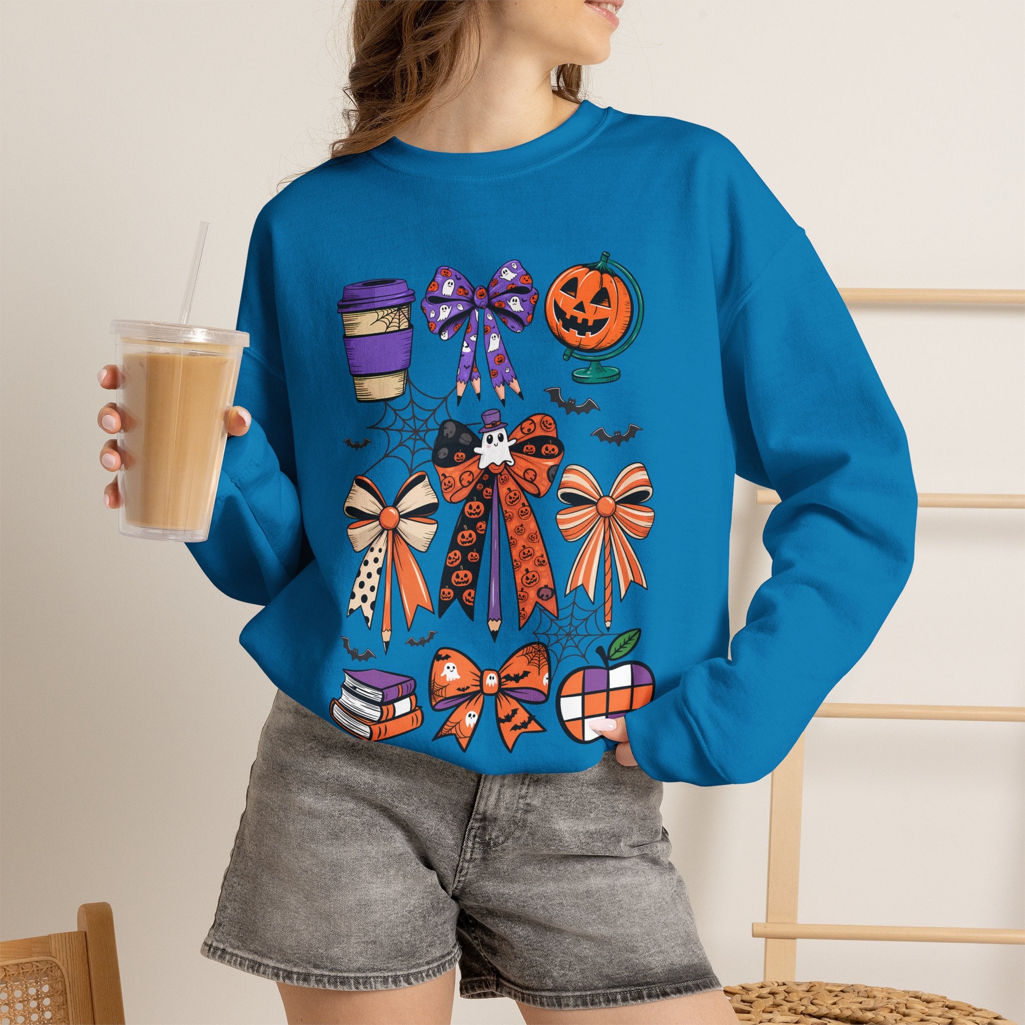 Halloween Ribbon Icons Sweatshirt — Pumpkin, Bows & Spooky Coffee Graphic
