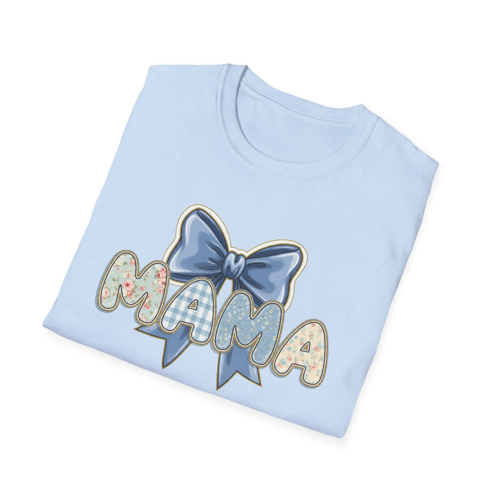 Mama bow graphic T-Shirt | floral letters, blue gingham bow