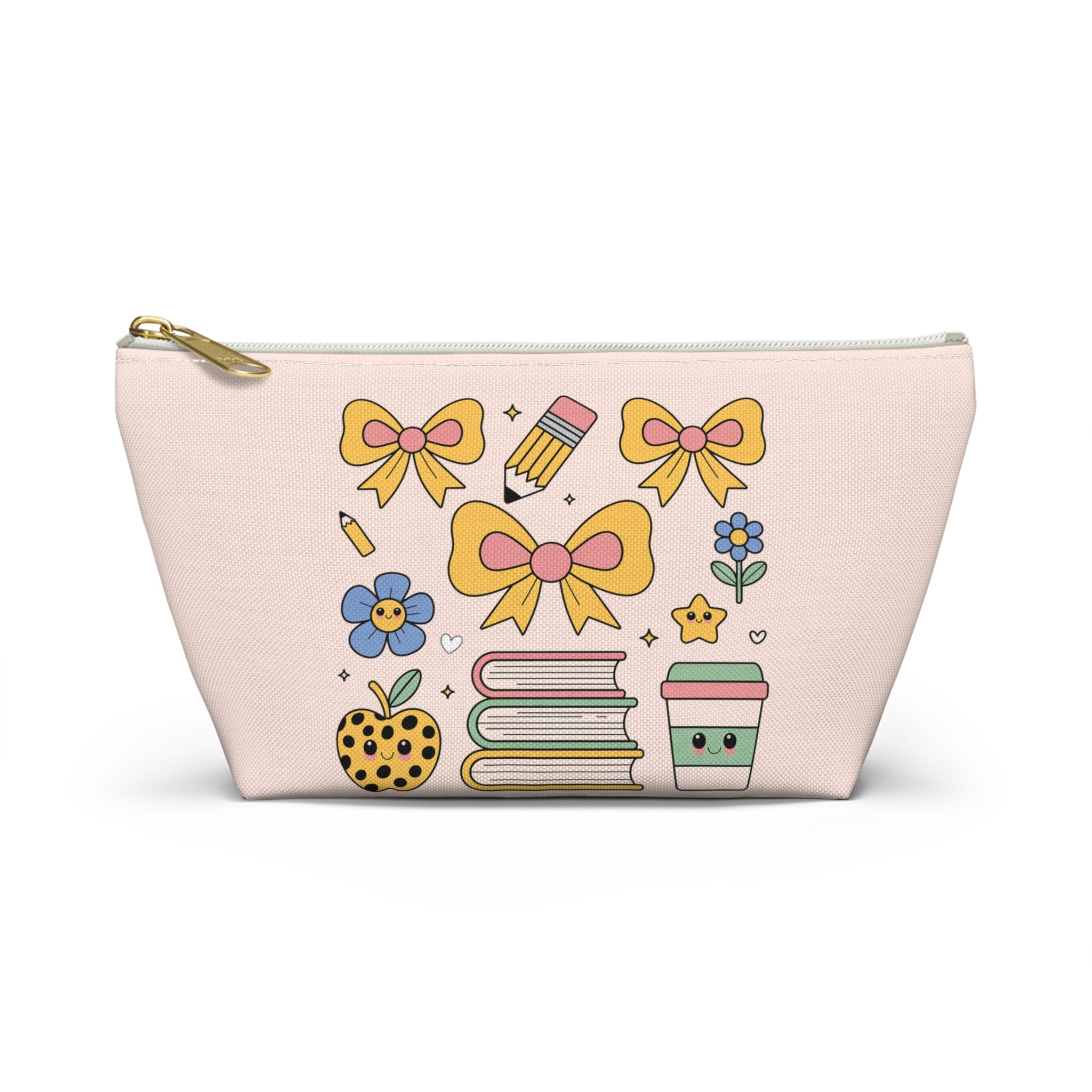 Cute Schoolgirl Accessory Pouch — Bow, Books & Coffee Makeup Bag