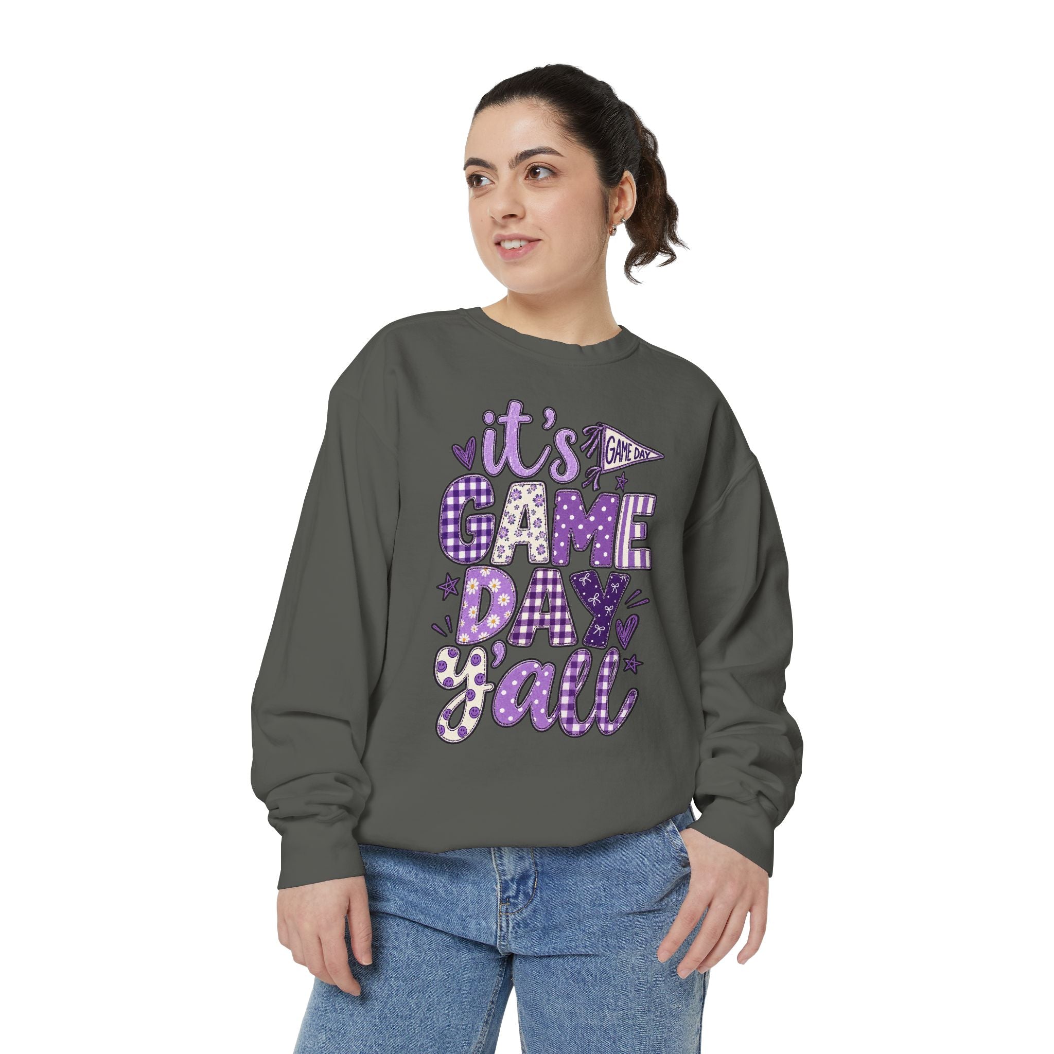 Game Day Y'all Sweatshirt — Playful Purple Sports Graphic Crewneck