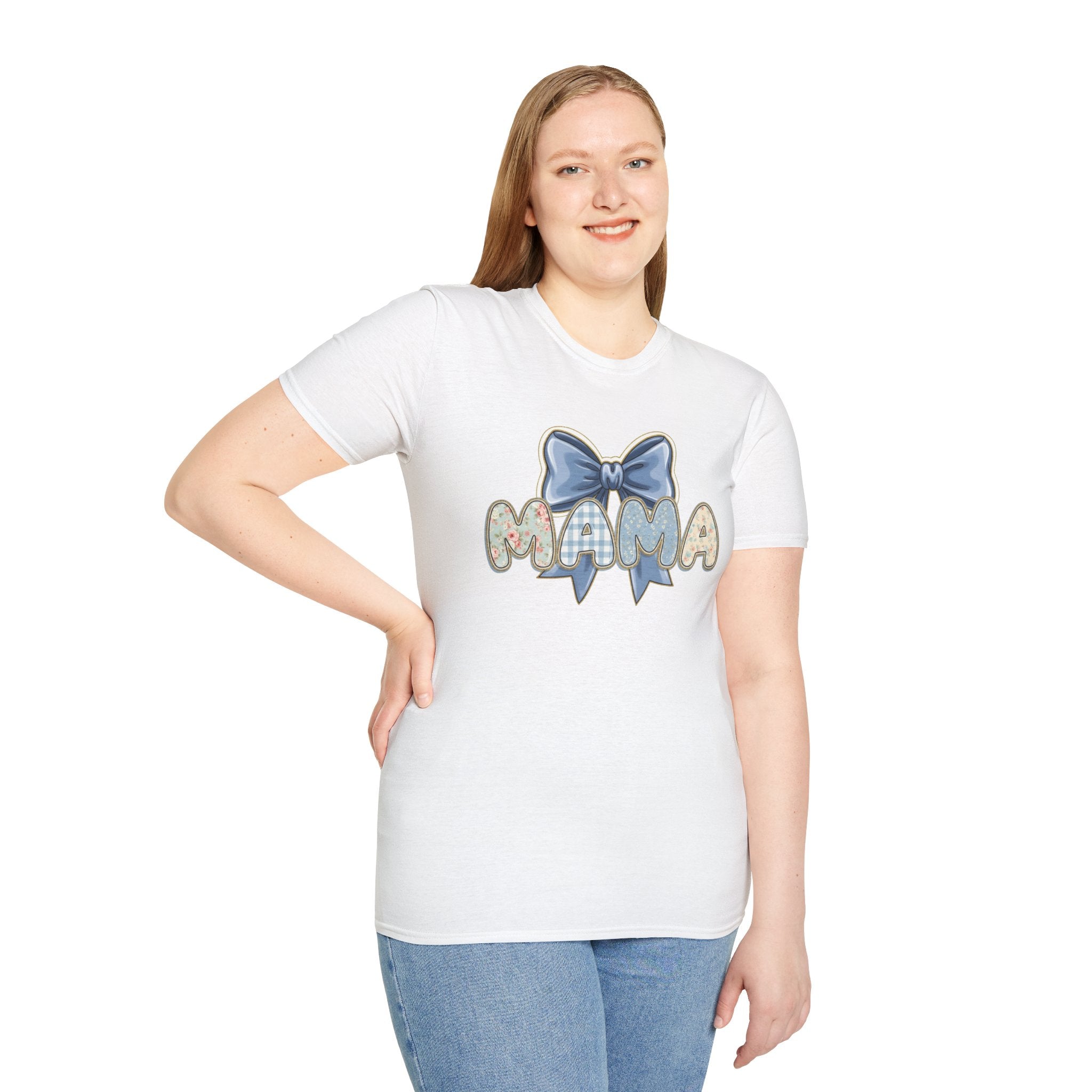 Mama bow graphic T-Shirt | floral letters, blue gingham bow
