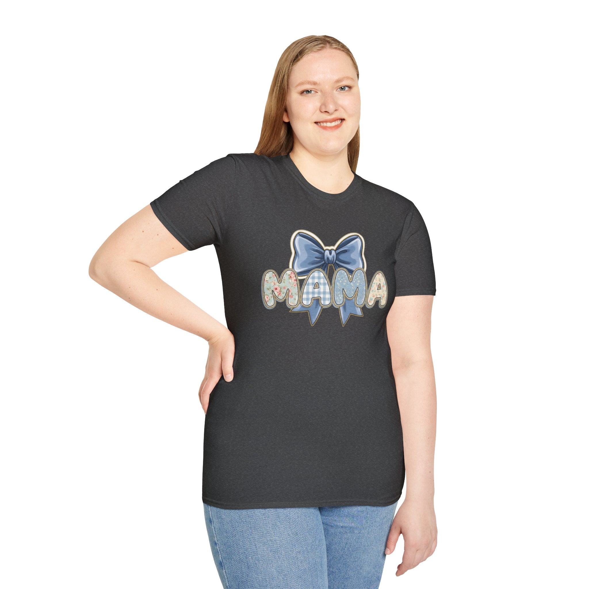 Mama bow graphic T-Shirt | floral letters, blue gingham bow