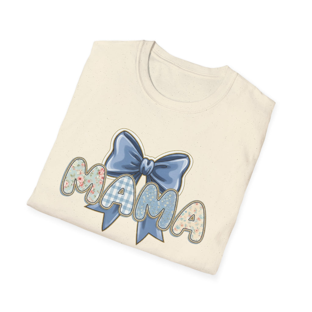 Mama bow graphic T-Shirt | floral letters, blue gingham bow