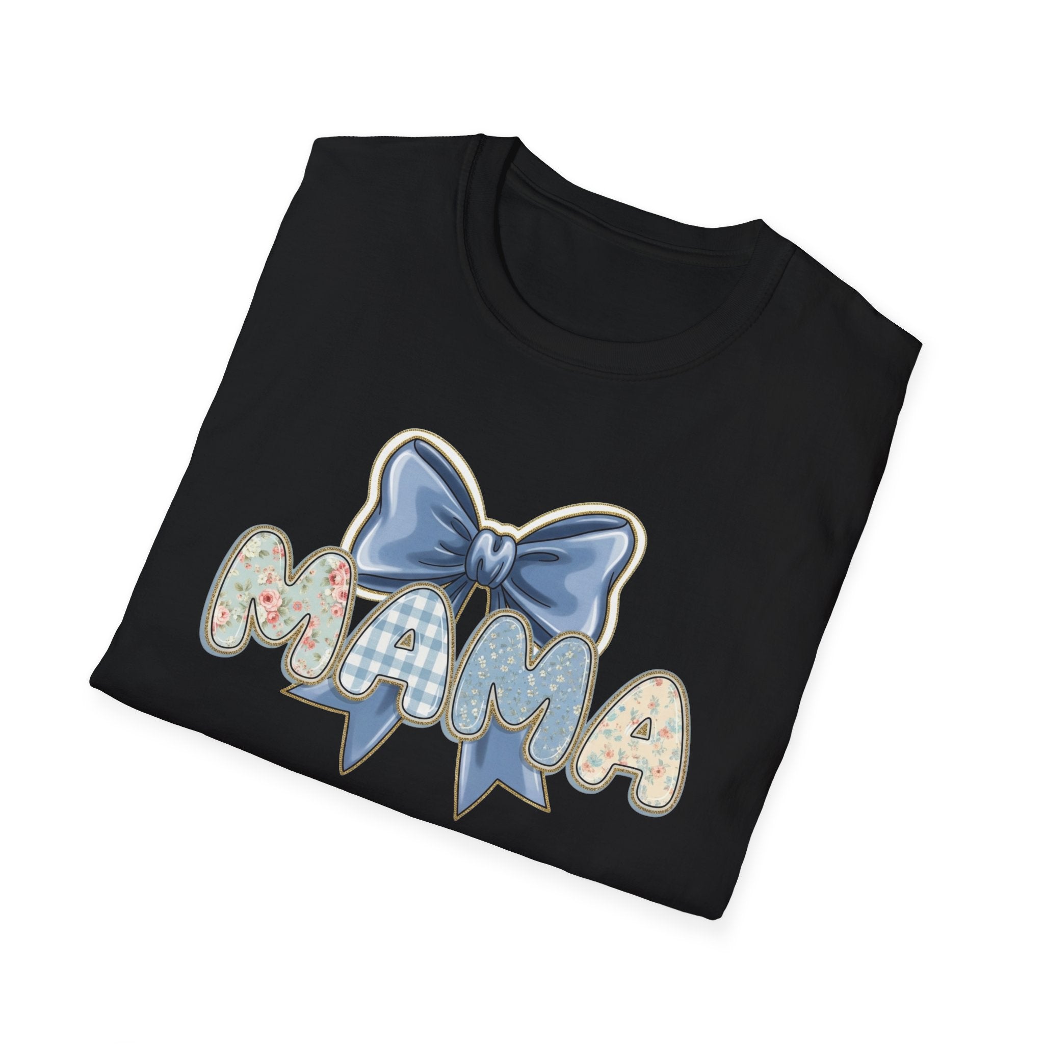 Mama bow graphic T-Shirt | floral letters, blue gingham bow