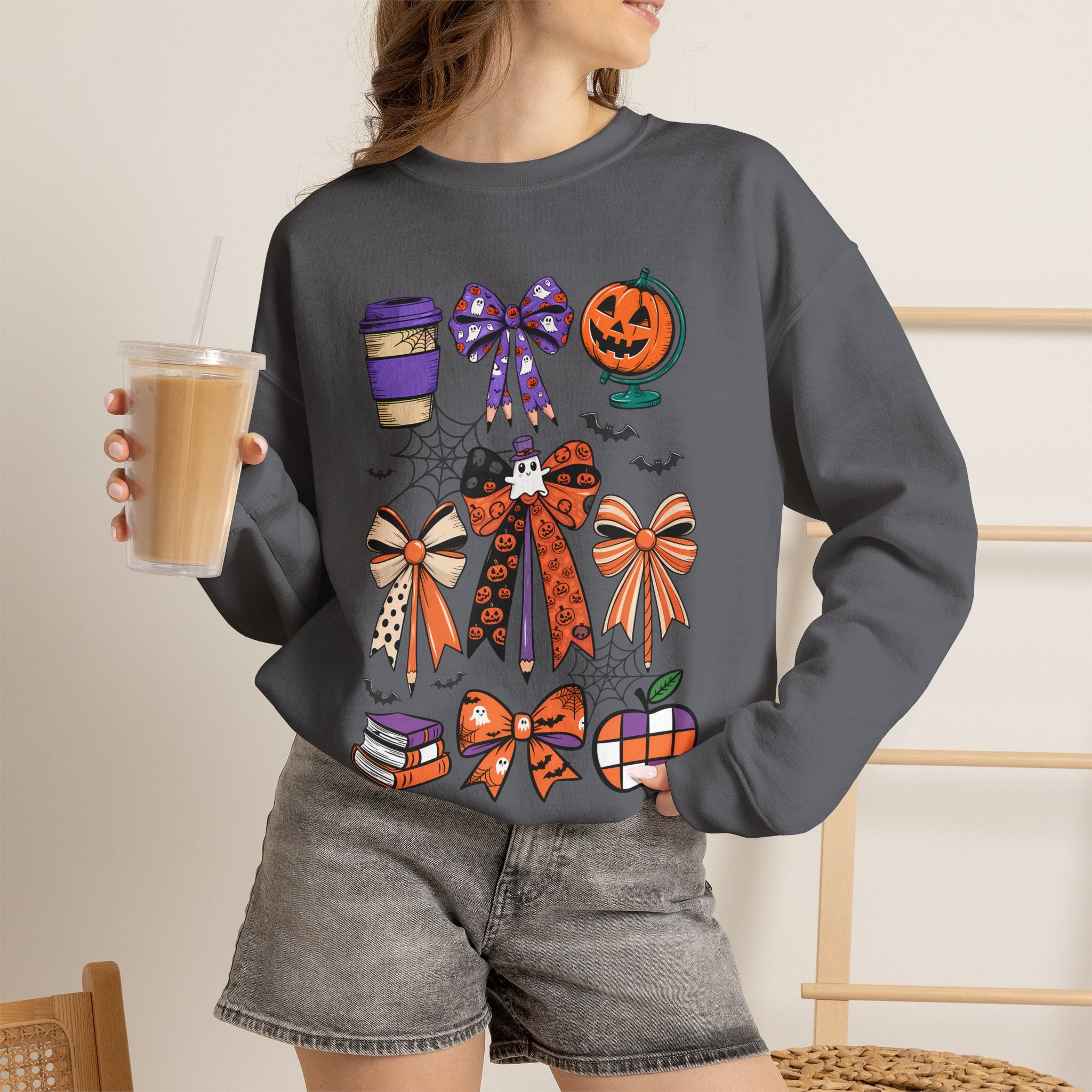Halloween Ribbon Icons Sweatshirt — Pumpkin, Bows & Spooky Coffee Graphic