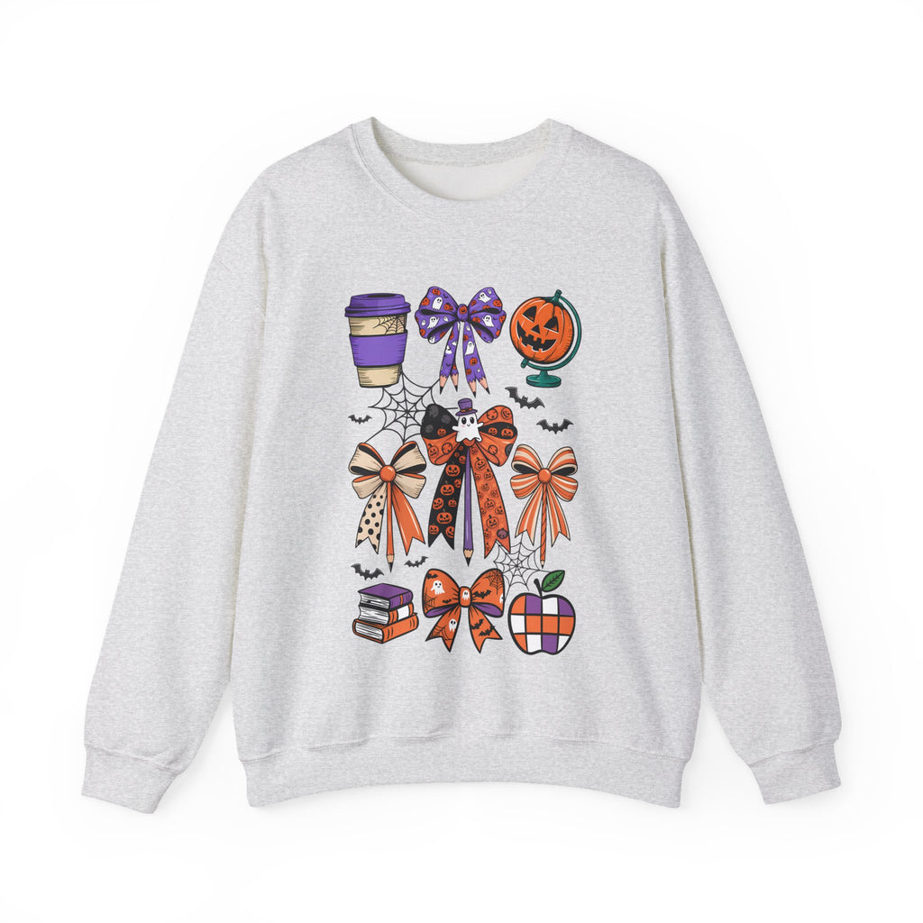 Halloween Ribbon Icons Sweatshirt — Pumpkin, Bows & Spooky Coffee Graphic