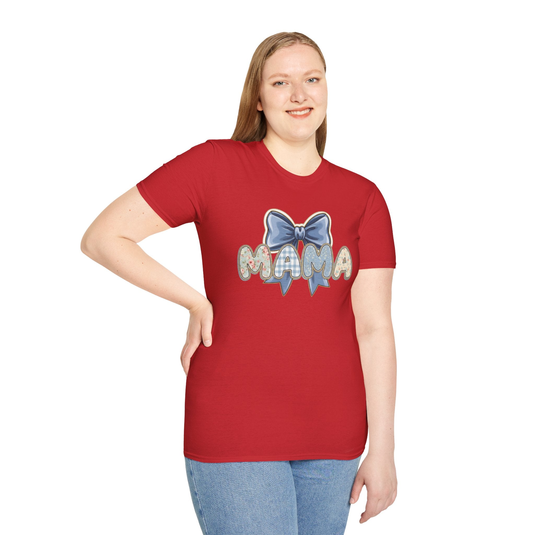 Mama bow graphic T-Shirt | floral letters, blue gingham bow