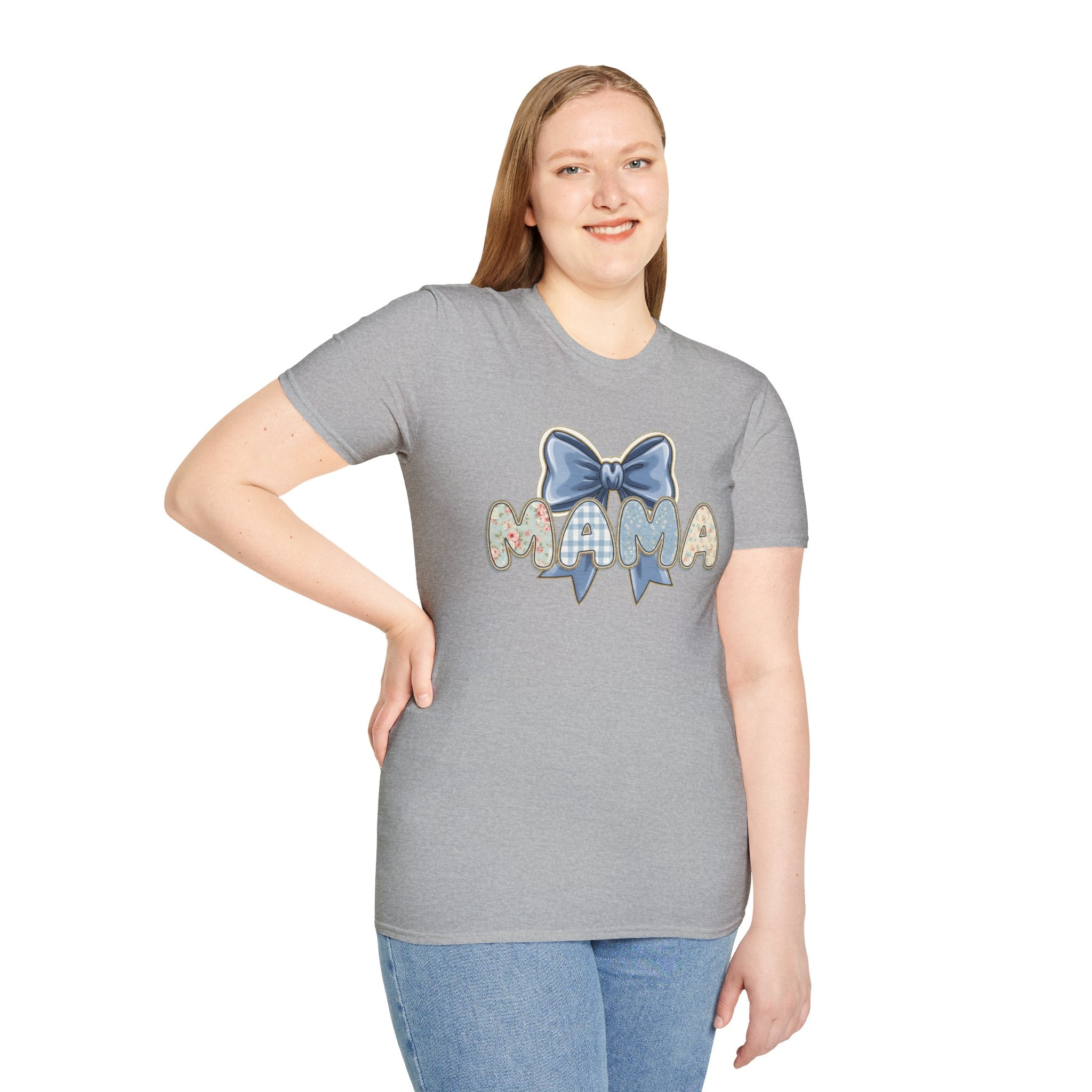 Mama bow graphic T-Shirt | floral letters, blue gingham bow