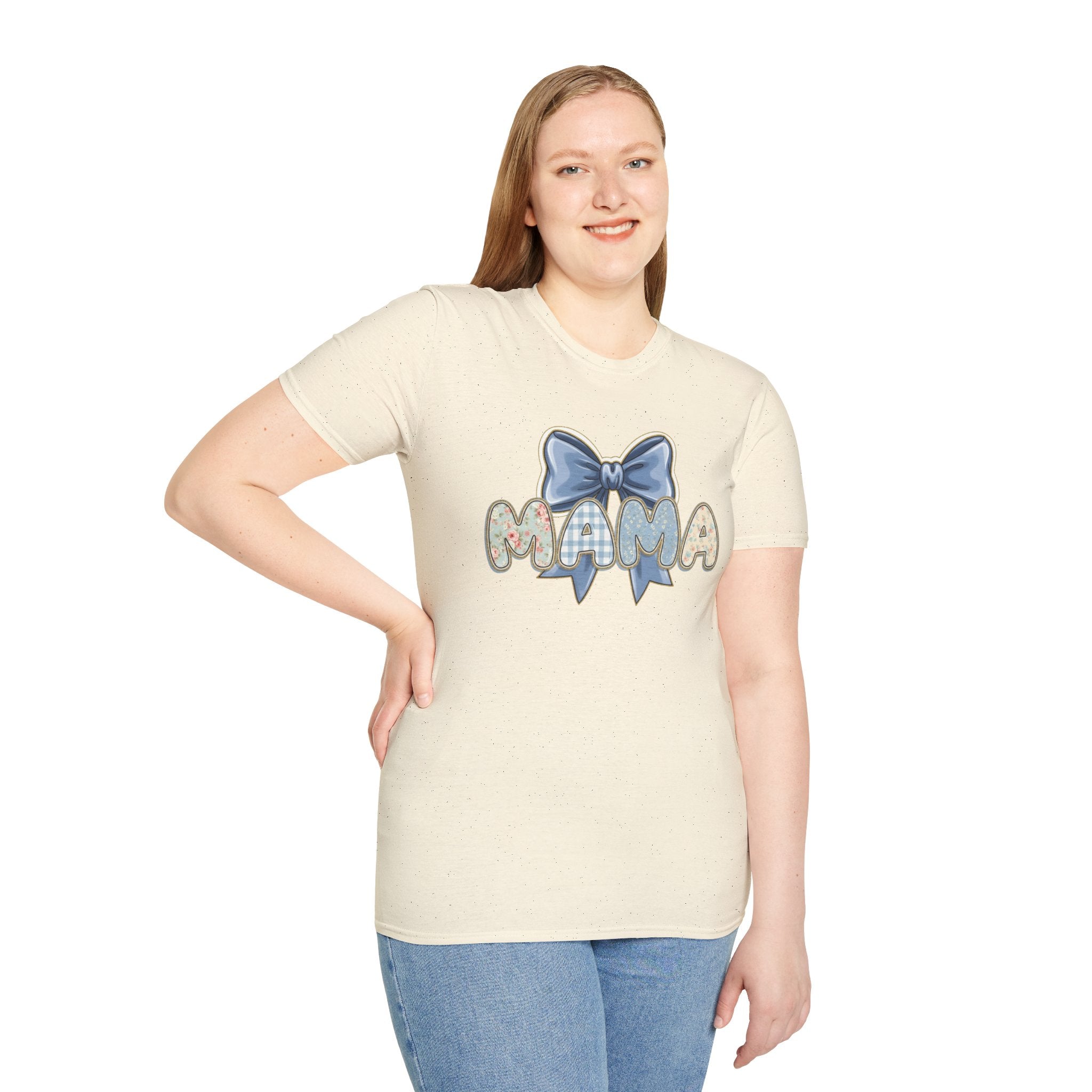 Mama bow graphic T-Shirt | floral letters, blue gingham bow