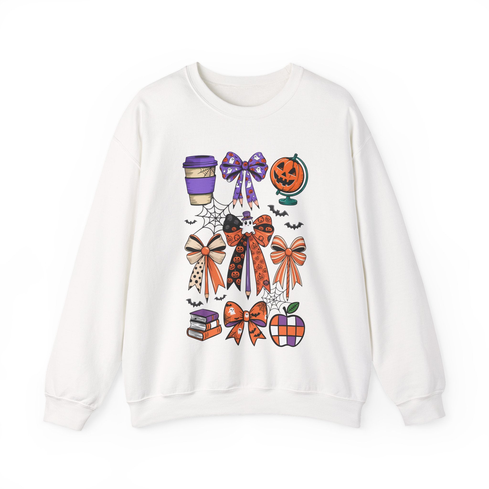 Halloween Ribbon Icons Sweatshirt — Pumpkin, Bows & Spooky Coffee Graphic