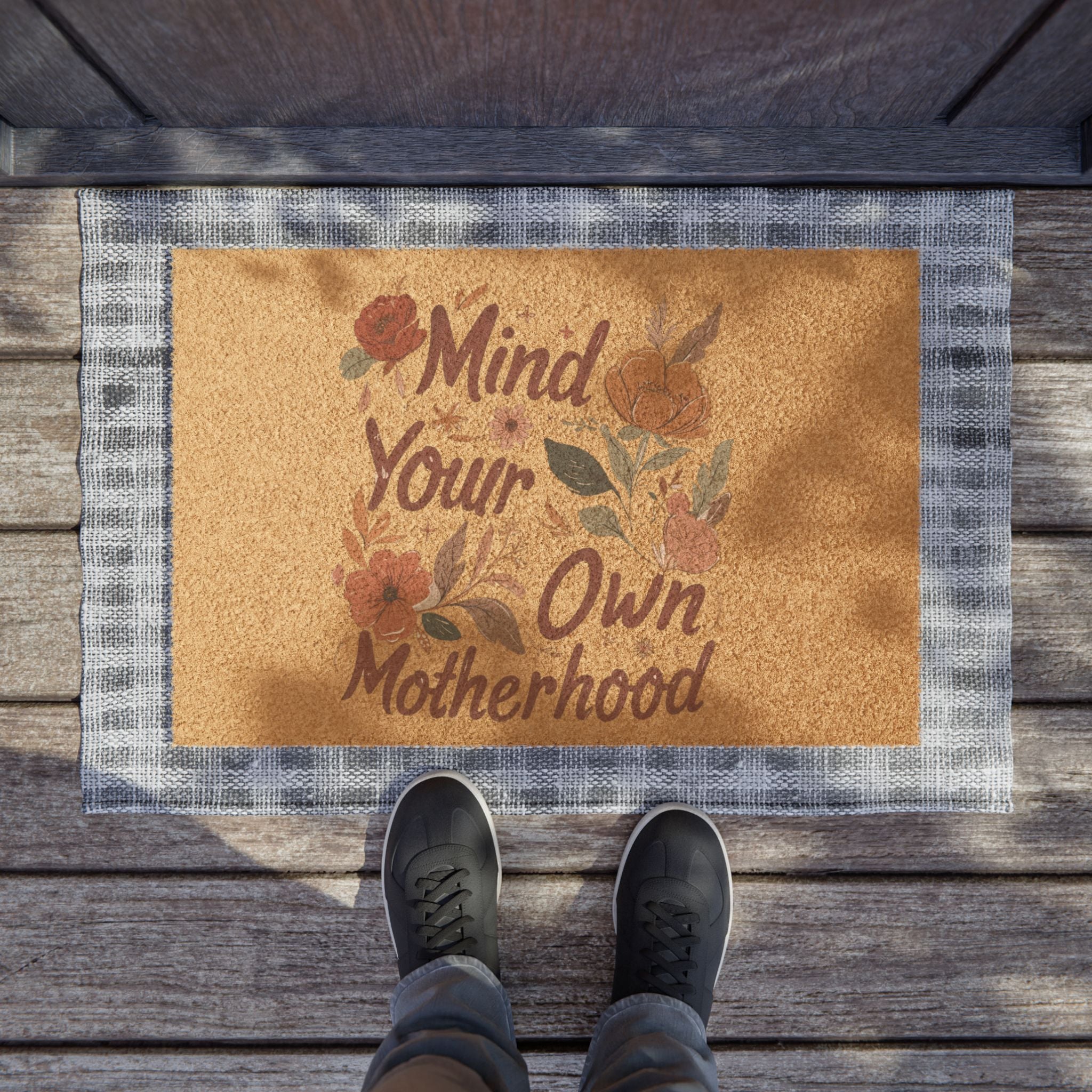 Doormat - "Mind Your Own Motherhood" Floral Coir Welcome Mat