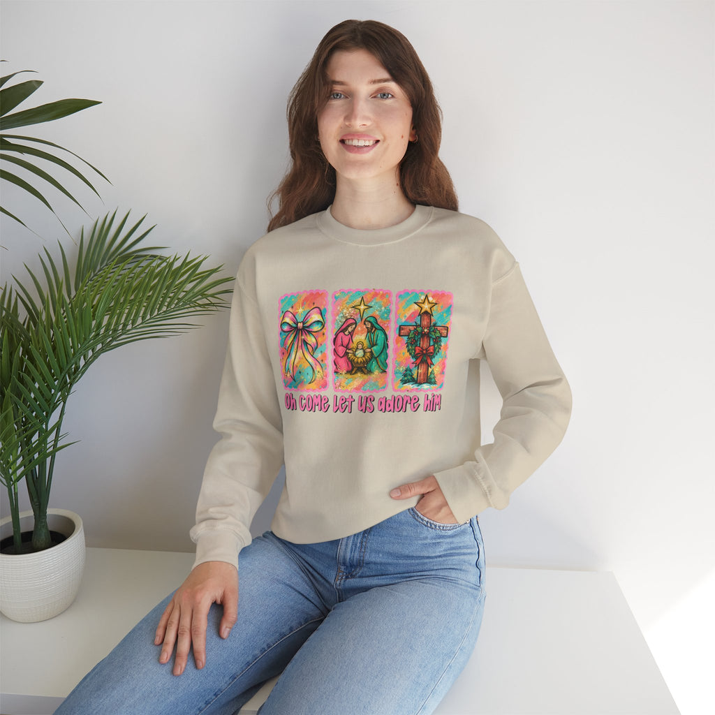 Oh Come Let Us Adore Him Christmas Religious Crewneck Sweatshirt