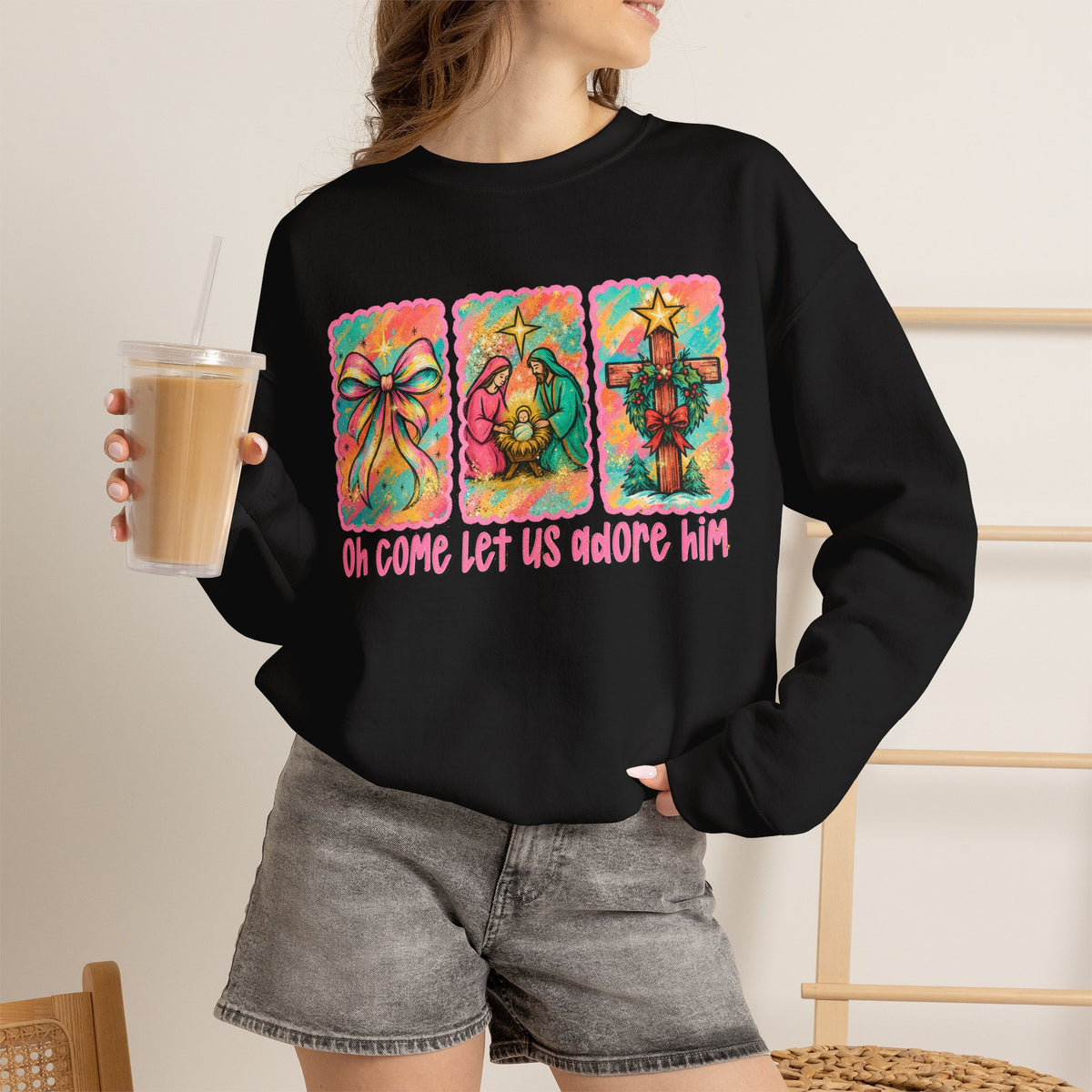 Oh Come Let Us Adore Him Christmas Religious Crewneck Sweatshirt