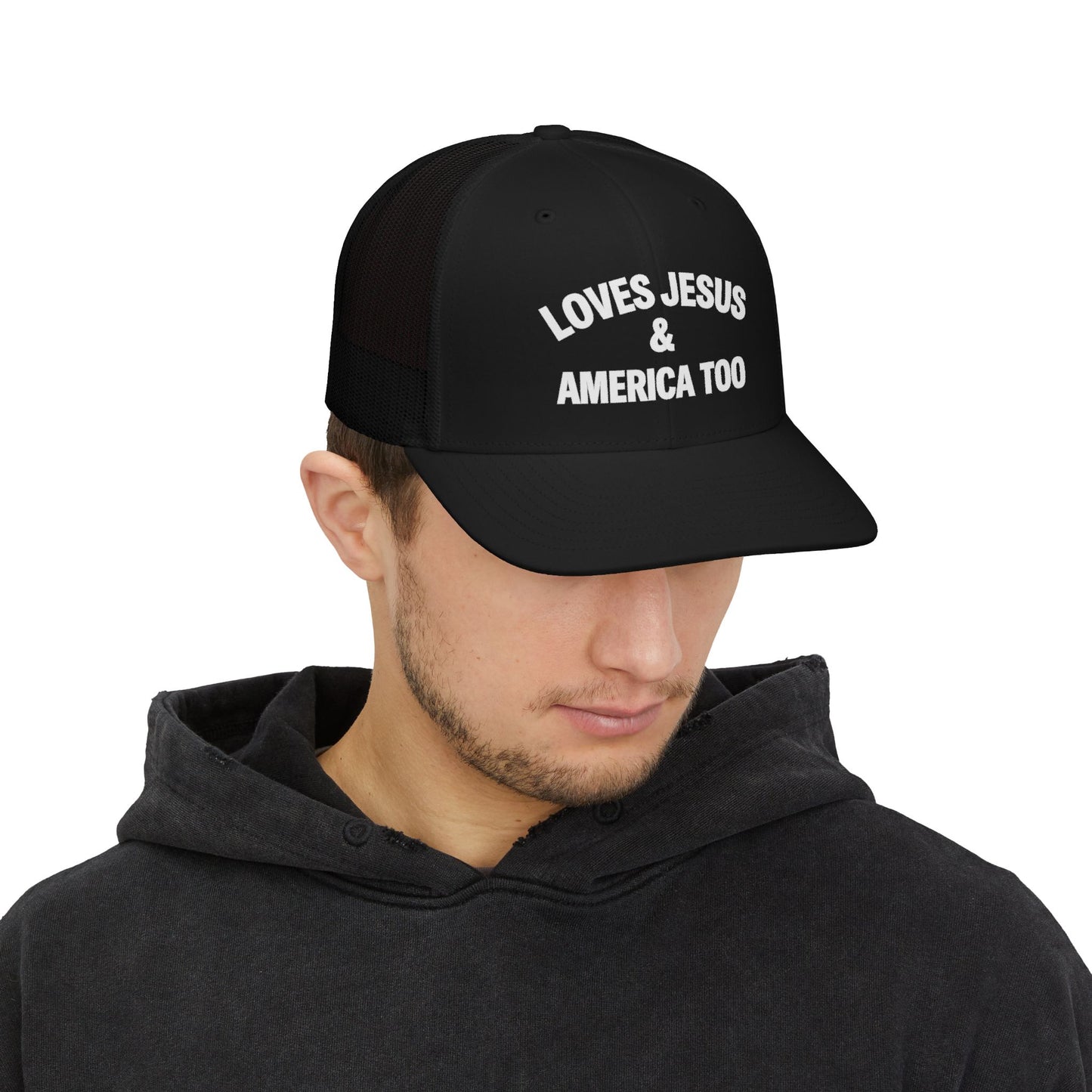 Loves Jesus & America Too Men Trucker Cap