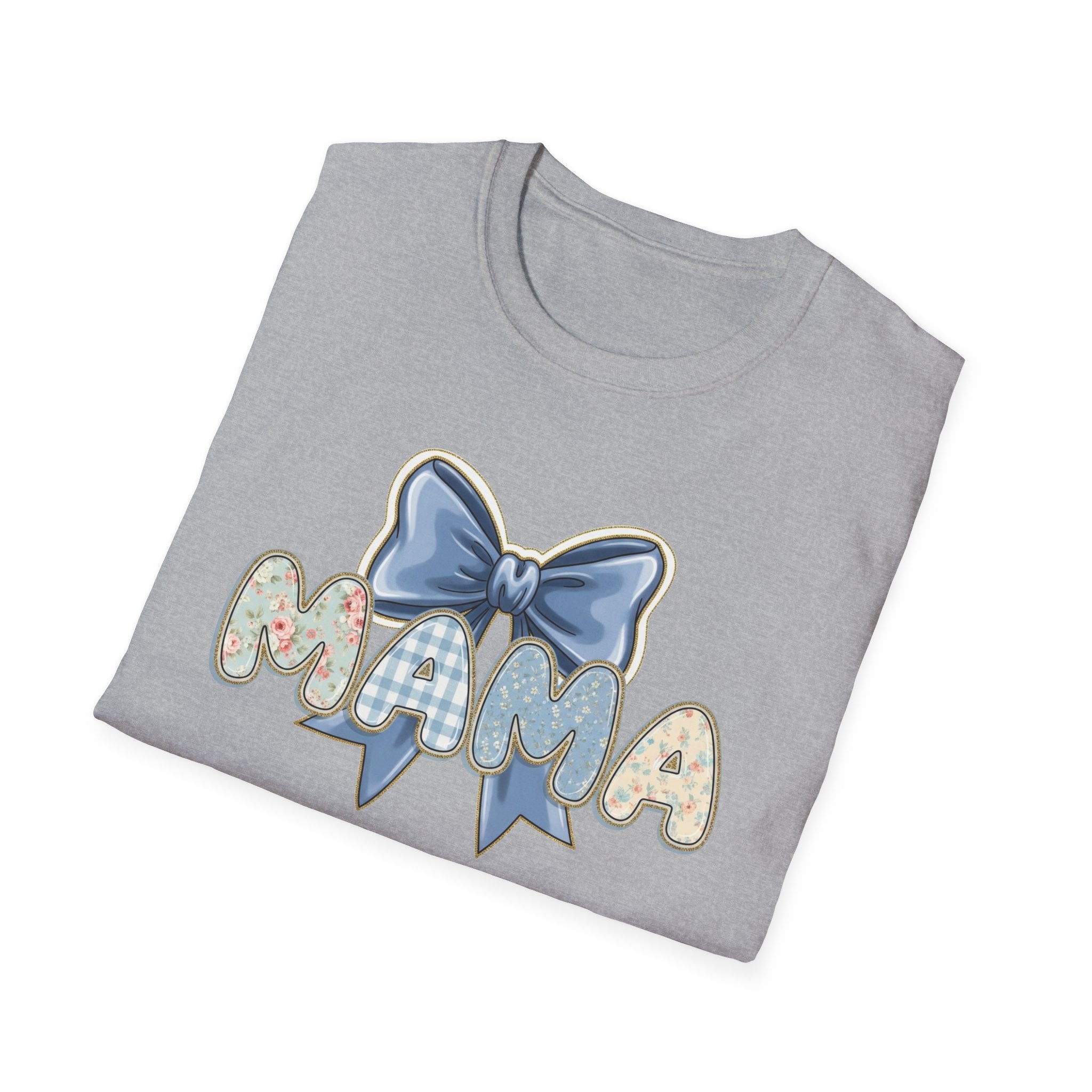 Mama bow graphic T-Shirt | floral letters, blue gingham bow