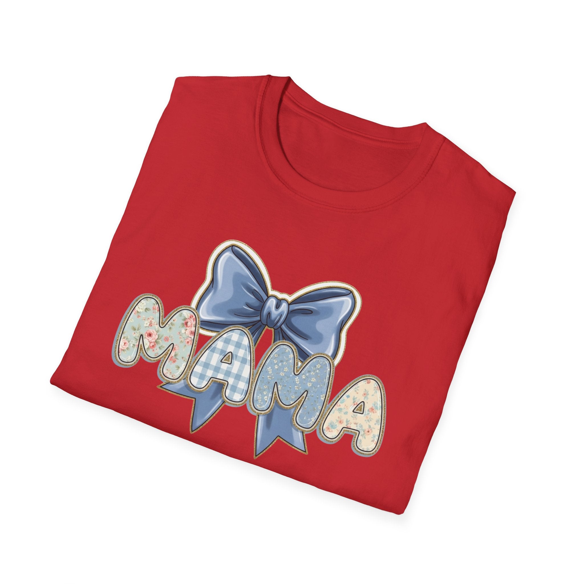 Mama bow graphic T-Shirt | floral letters, blue gingham bow