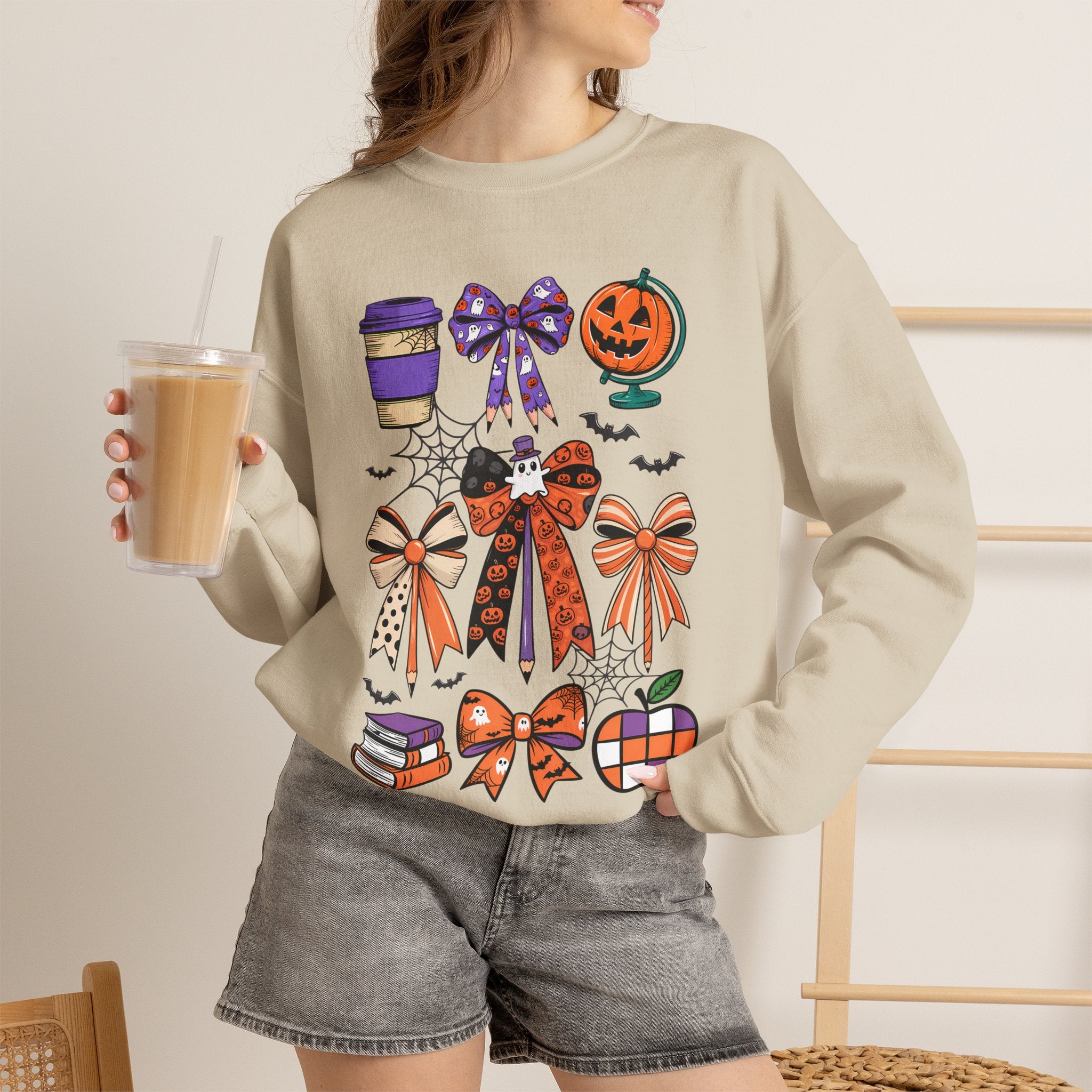 Halloween Ribbon Icons Sweatshirt — Pumpkin, Bows & Spooky Coffee Graphic