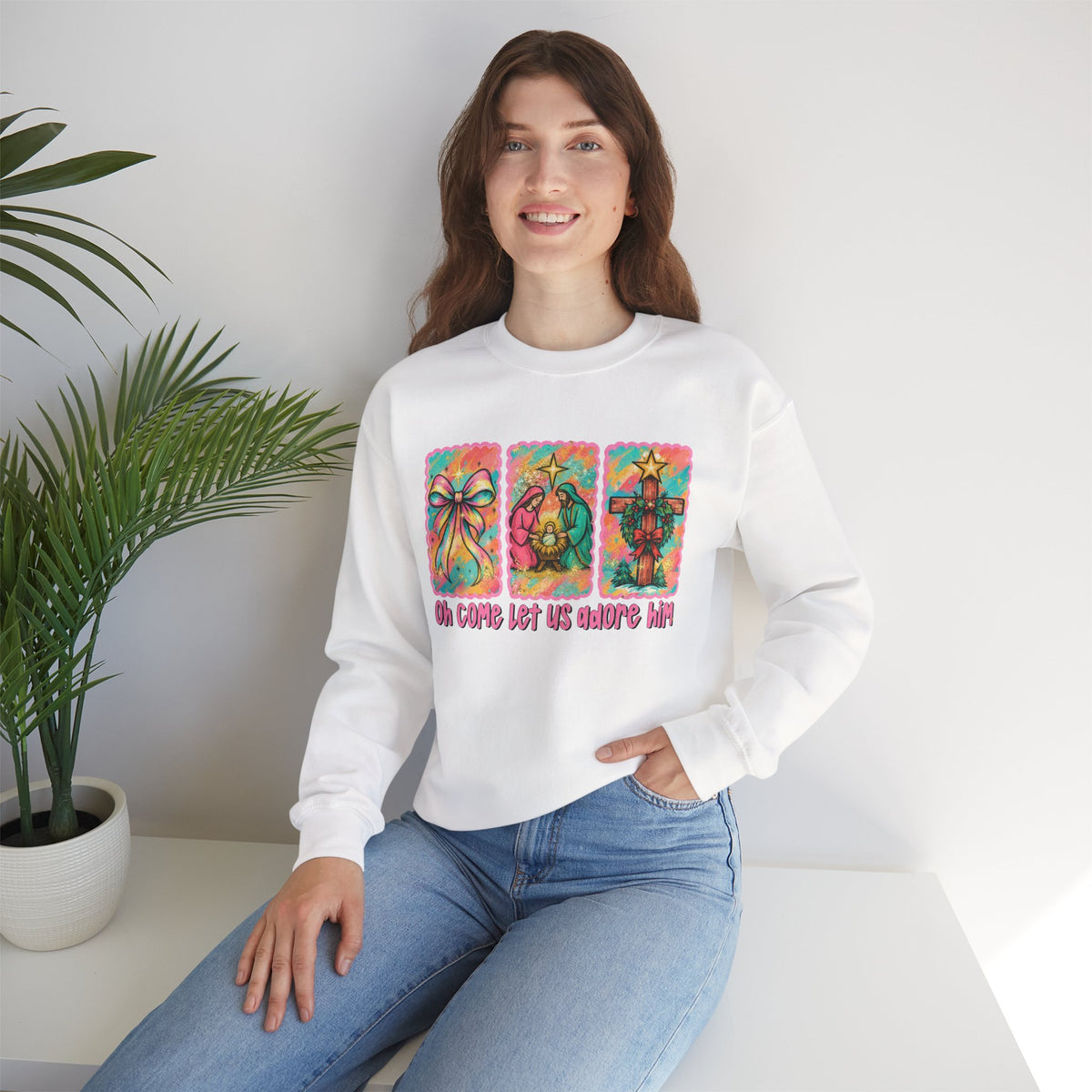 Oh Come Let Us Adore Him Christmas Religious Crewneck Sweatshirt