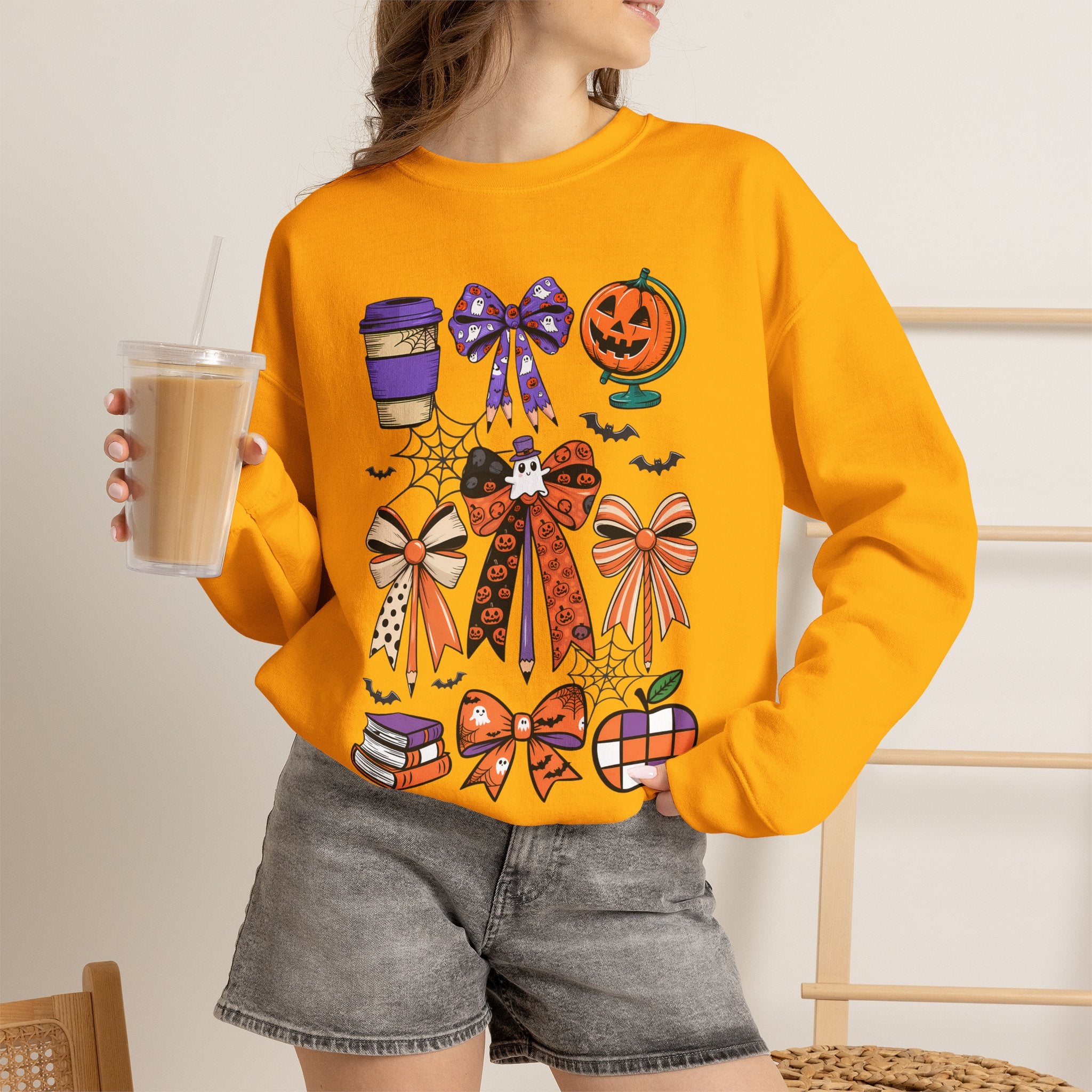 Halloween Ribbon Icons Sweatshirt — Pumpkin, Bows & Spooky Coffee Graphic