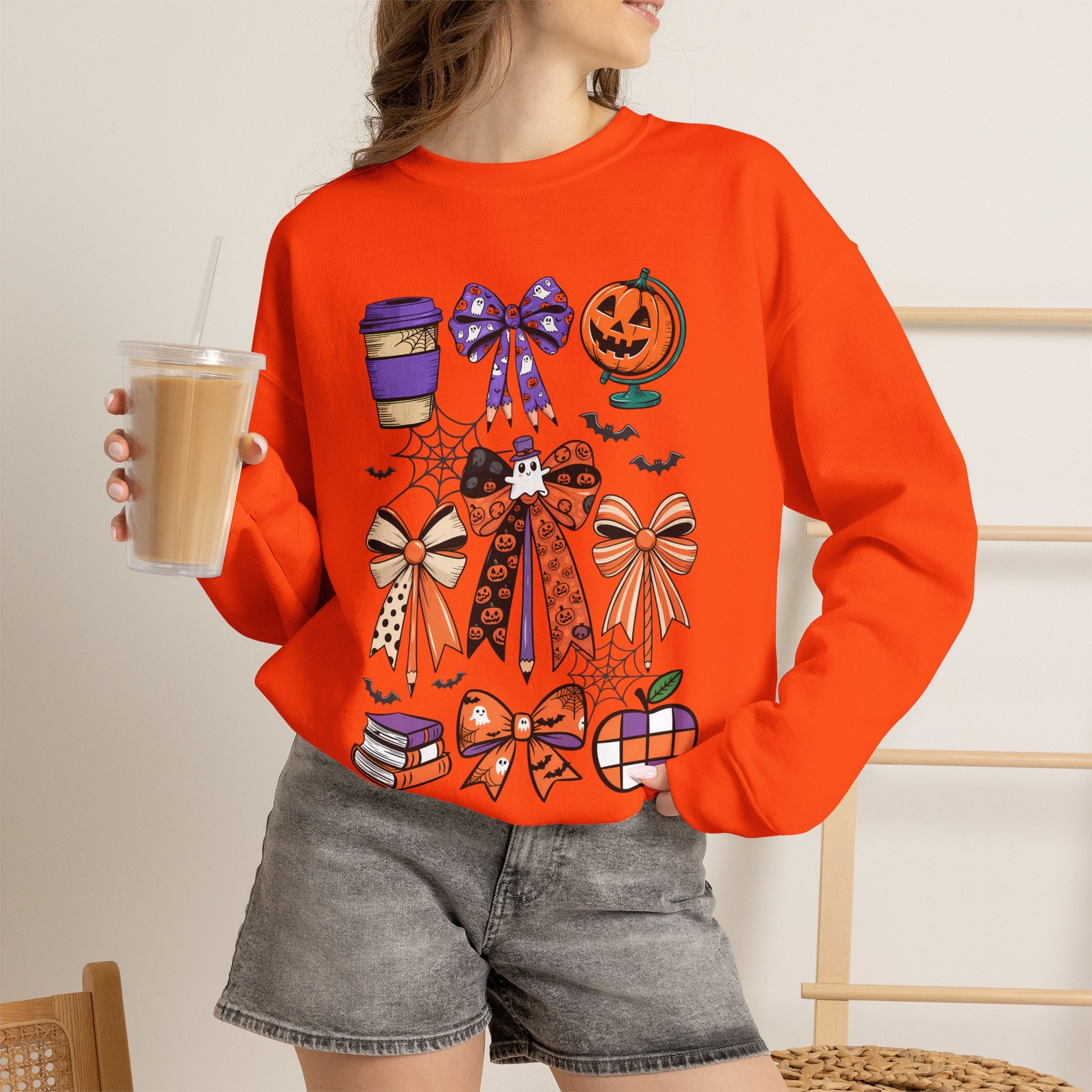 Halloween Ribbon Icons Sweatshirt — Pumpkin, Bows & Spooky Coffee Graphic