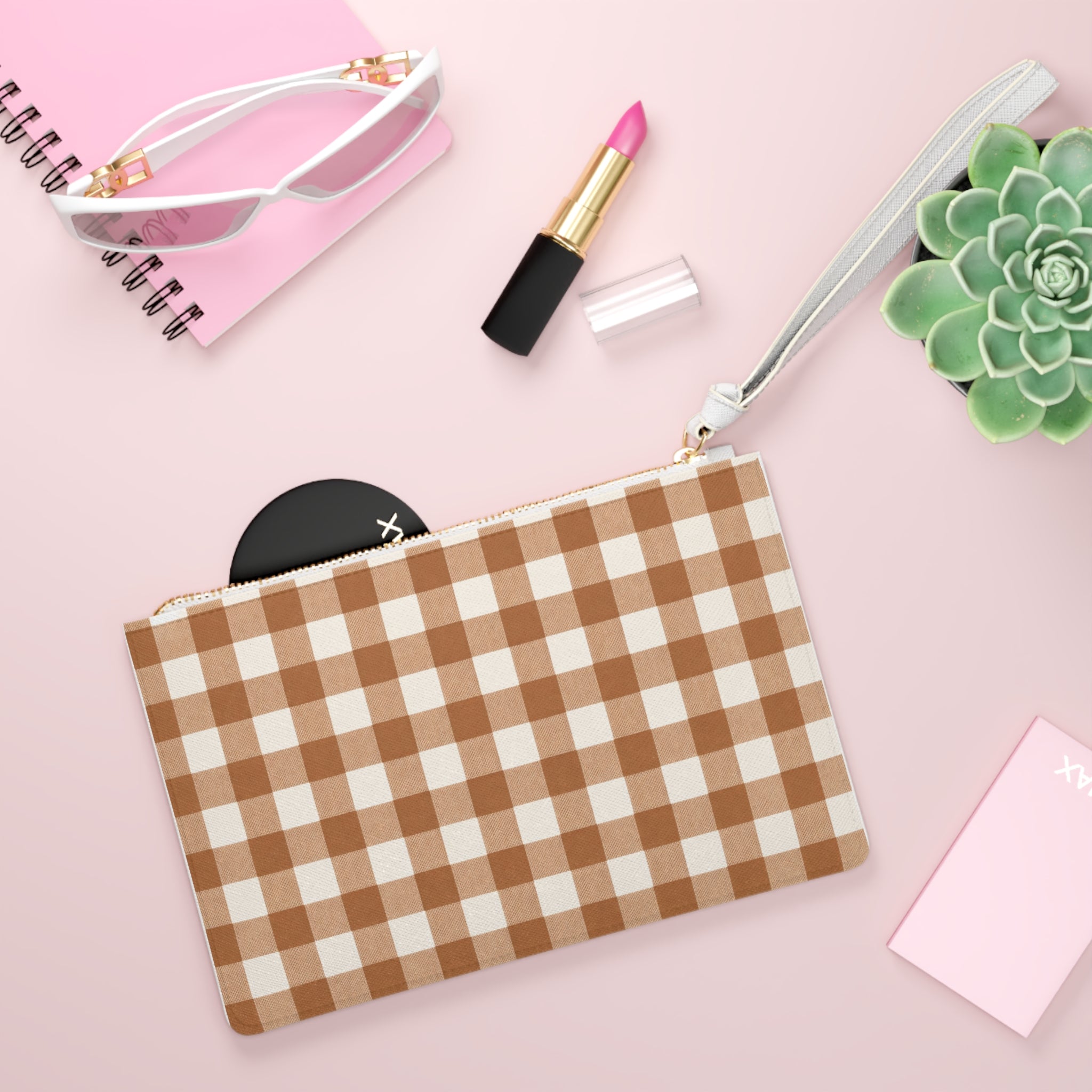 Brown Checkered Wristlet Wallet