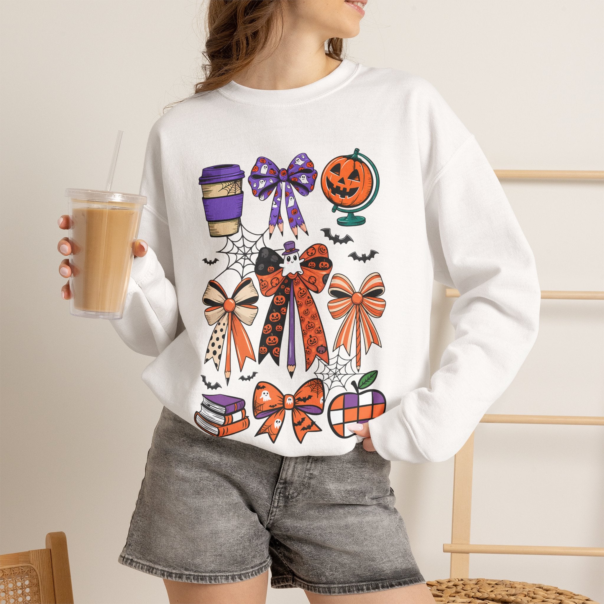 Halloween Ribbon Icons Sweatshirt — Pumpkin, Bows & Spooky Coffee Graphic