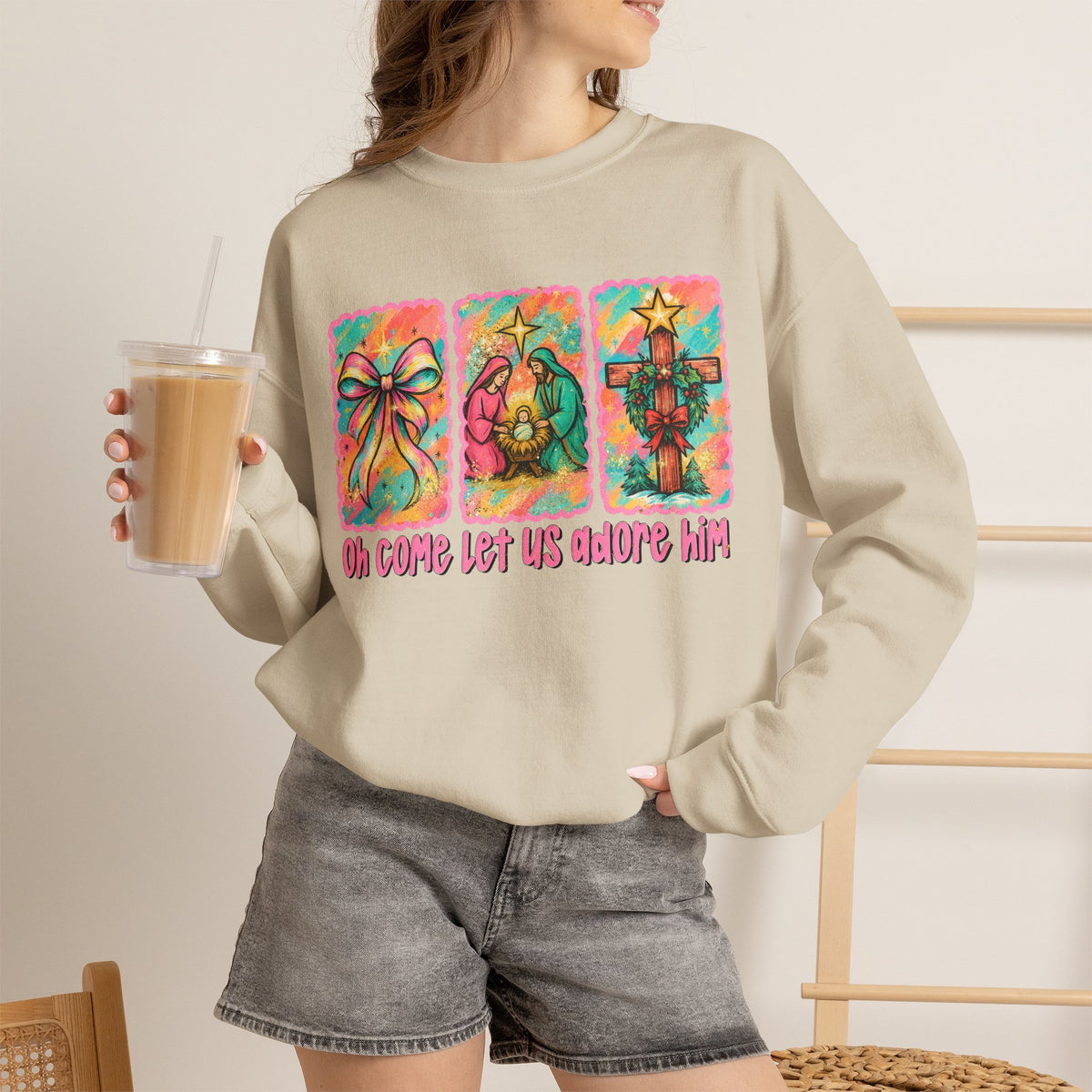 Oh Come Let Us Adore Him Christmas Religious Crewneck Sweatshirt