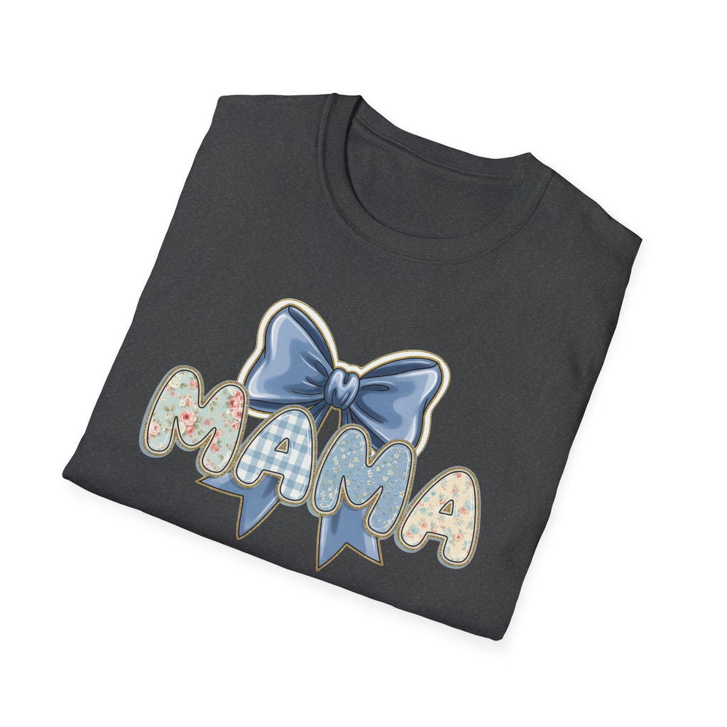 Mama bow graphic T-Shirt | floral letters, blue gingham bow