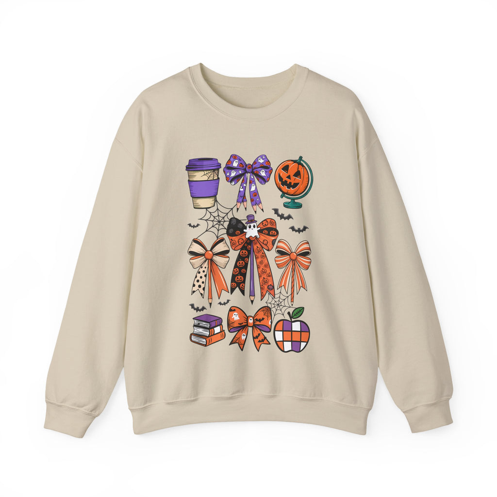 Halloween Ribbon Icons Sweatshirt — Pumpkin, Bows & Spooky Coffee Graphic