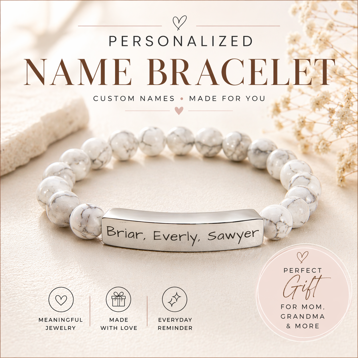 Personalized Kids Name Bracelet for Mom | Custom Beaded Bracelet | Engraved Name Bar | Mothers Day Gift