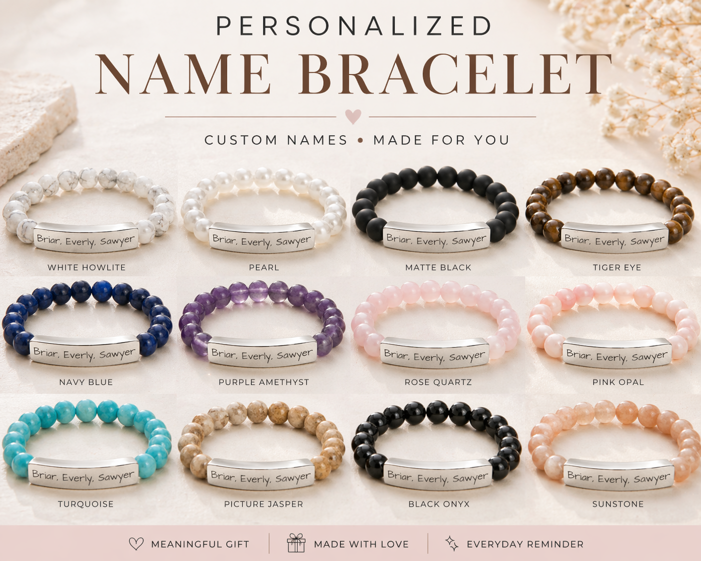 Personalized Kids Name Bracelet for Mom | Custom Beaded Bracelet | Engraved Name Bar | Mothers Day Gift