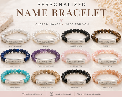 Personalized Kids Name Bracelet for Mom | Custom Beaded Bracelet | Engraved Name Bar | Mothers Day Gift