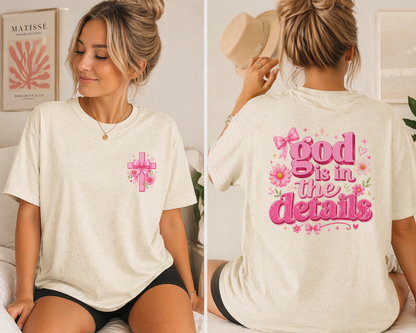 God Is In The Details Tee | Coquette Christian Shirt | Girly Faith Graphic Tee | Pink Bow Cross Shirt | Trendy Boutique Top