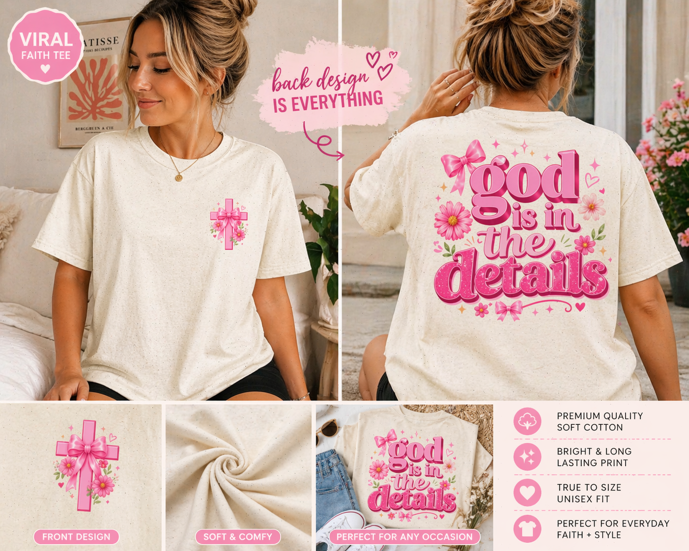 God Is In The Details Tee | Coquette Christian Shirt | Girly Faith Graphic Tee | Pink Bow Cross Shirt | Trendy Boutique Top