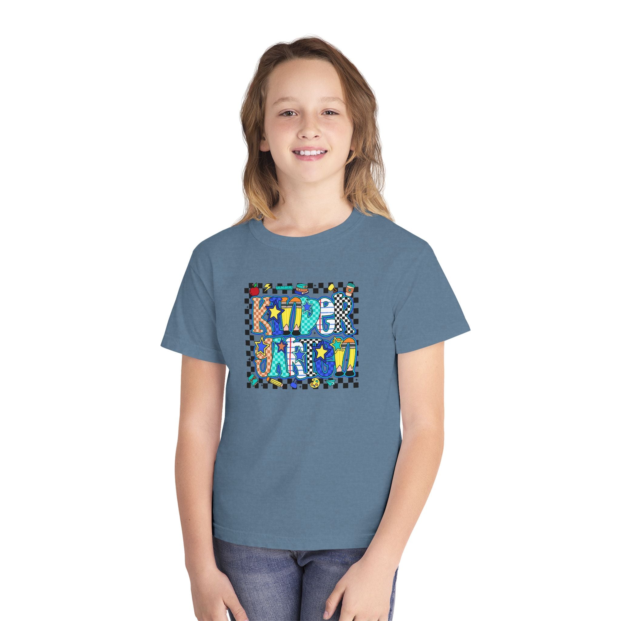 Youth Tee — Colorful 'Good Vibes' Checkerboard Graphic
