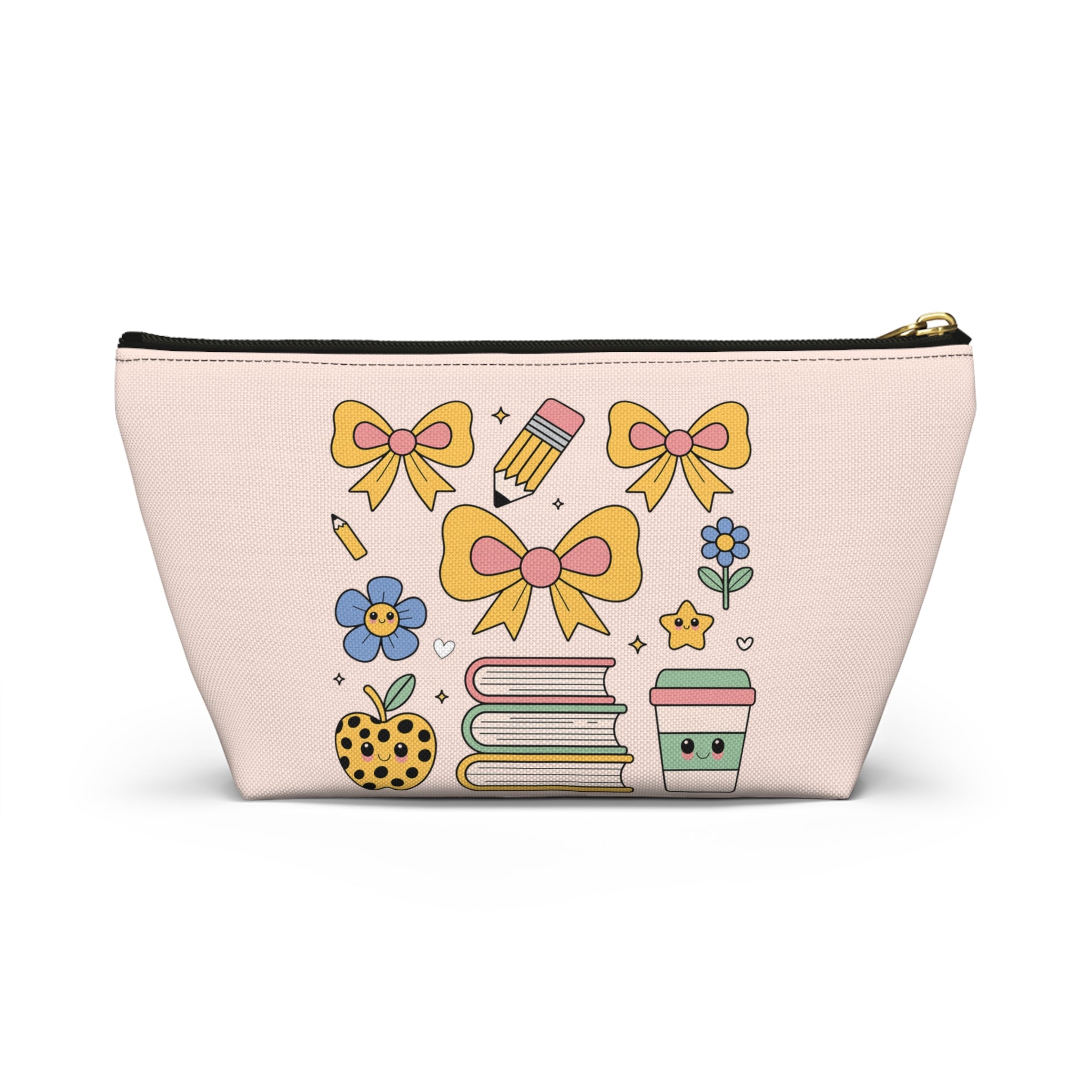 Cute Schoolgirl Accessory Pouch — Bow, Books & Coffee Makeup Bag