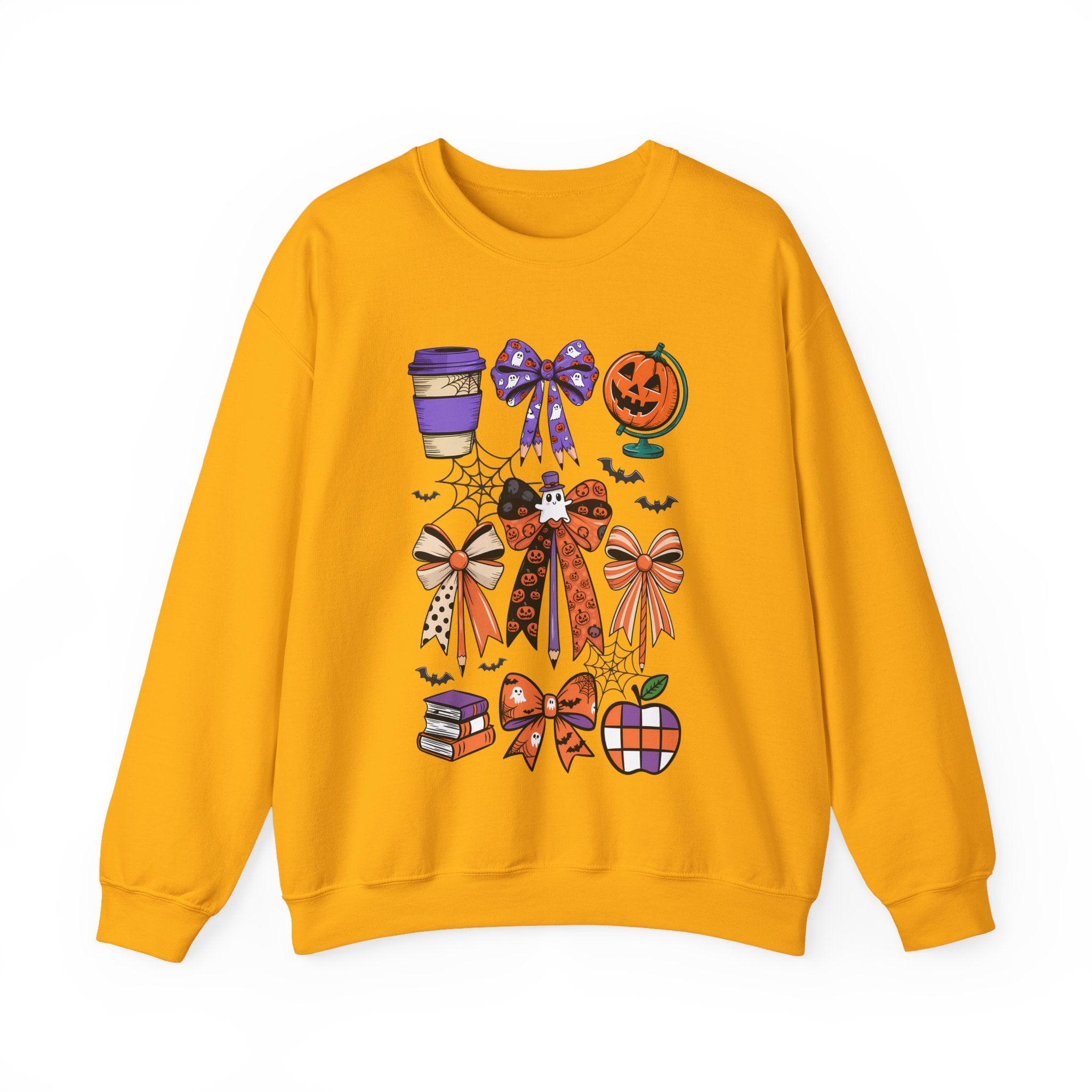 Halloween Ribbon Icons Sweatshirt — Pumpkin, Bows & Spooky Coffee Graphic
