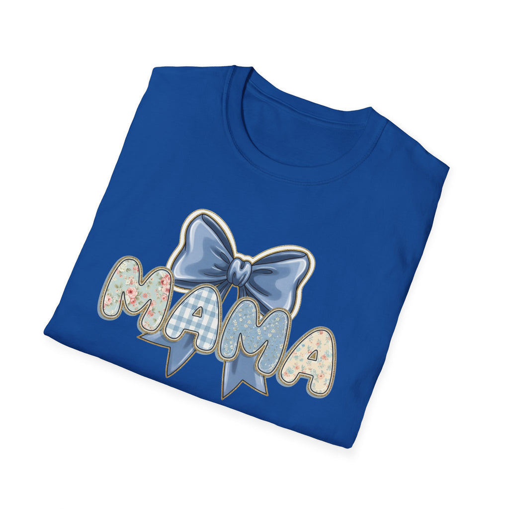 Mama bow graphic T-Shirt | floral letters, blue gingham bow