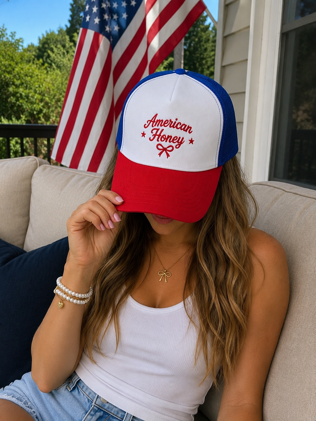 American Honey Embroidered Trucker Hat | Cute Patriotic Boutique Hat