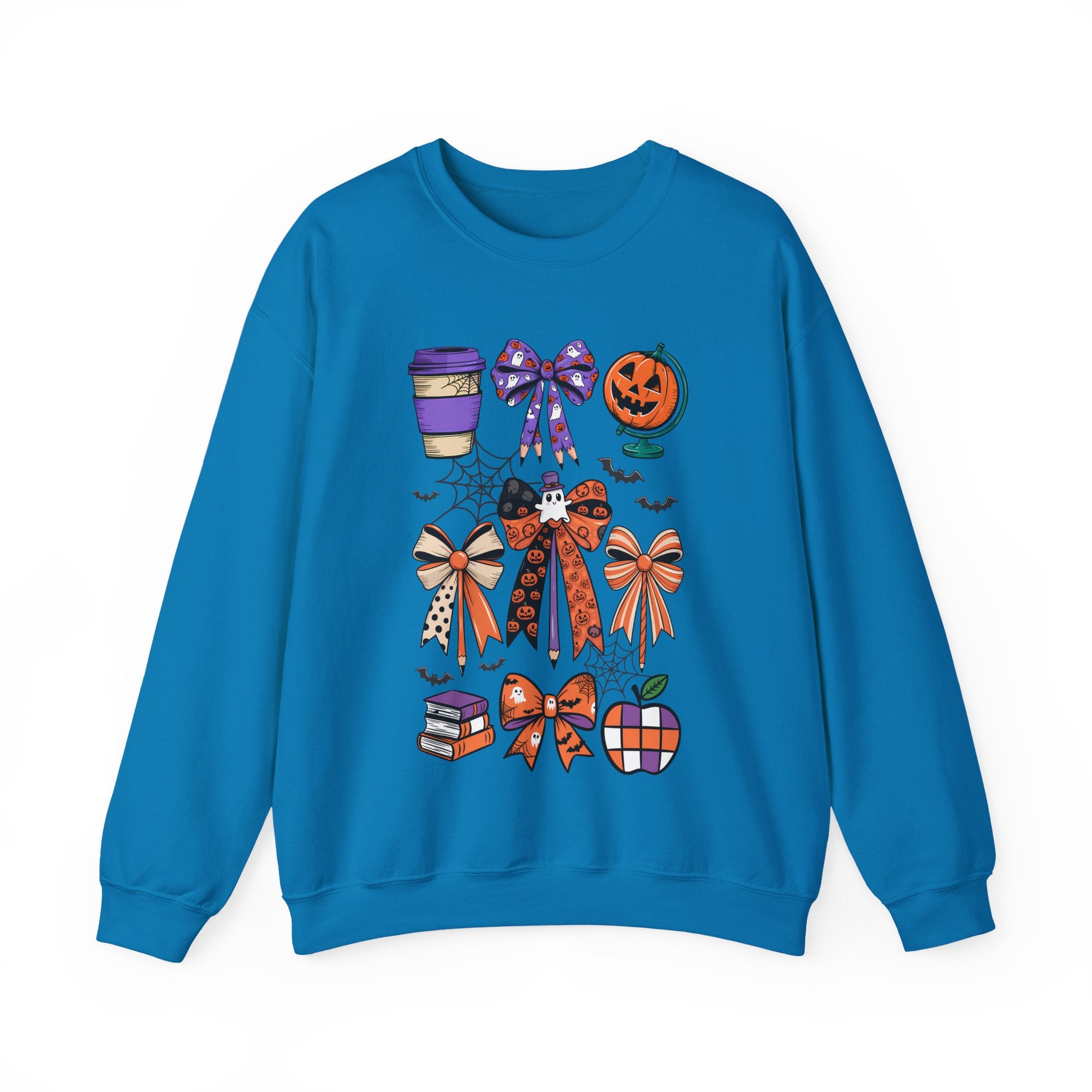Halloween Ribbon Icons Sweatshirt — Pumpkin, Bows & Spooky Coffee Graphic