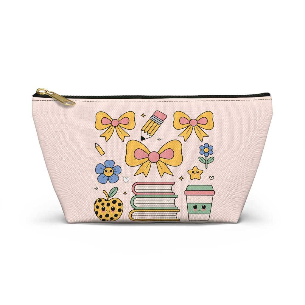 Cute Schoolgirl Accessory Pouch — Bow, Books & Coffee Makeup Bag