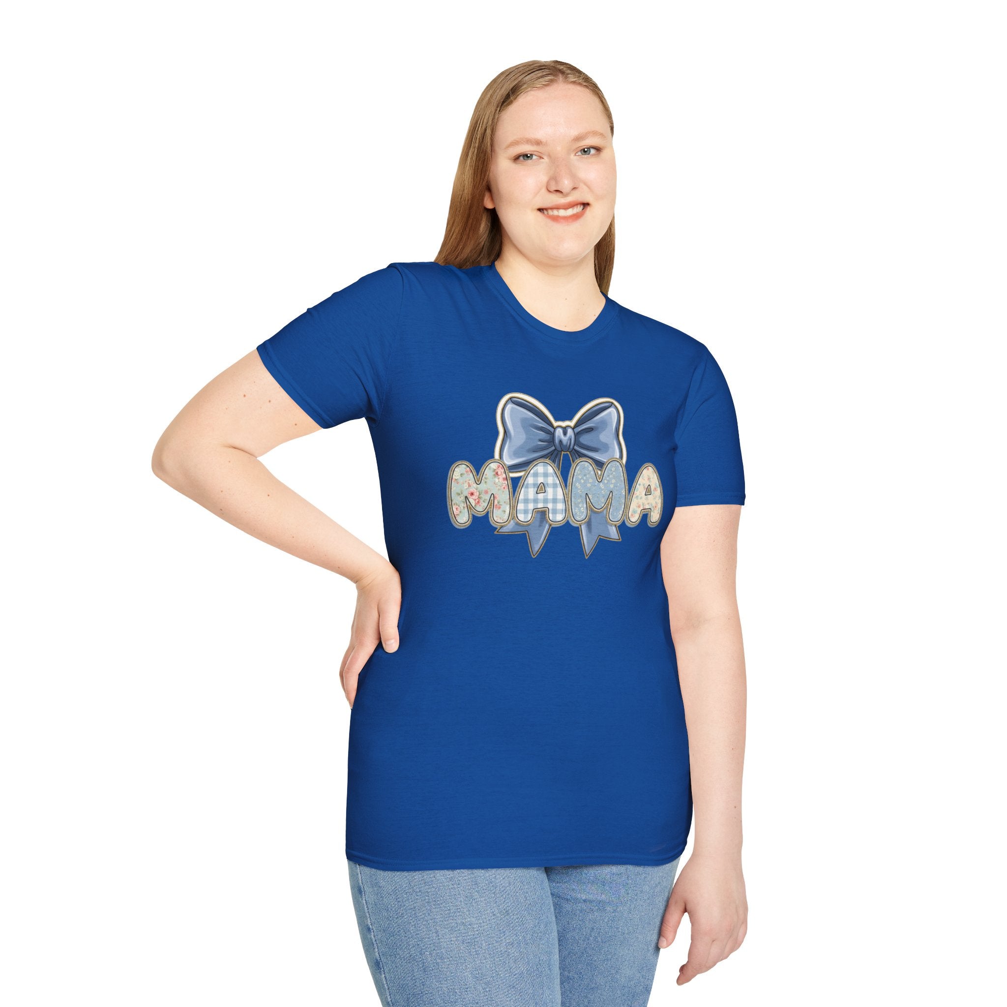 Mama bow graphic T-Shirt | floral letters, blue gingham bow