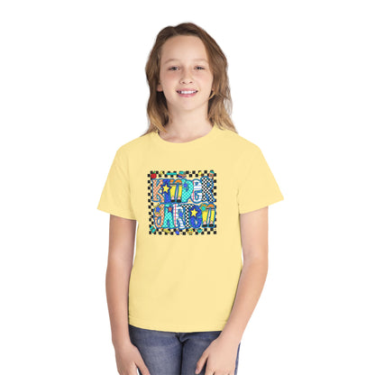 Youth Tee — Colorful 'Good Vibes' Checkerboard Graphic