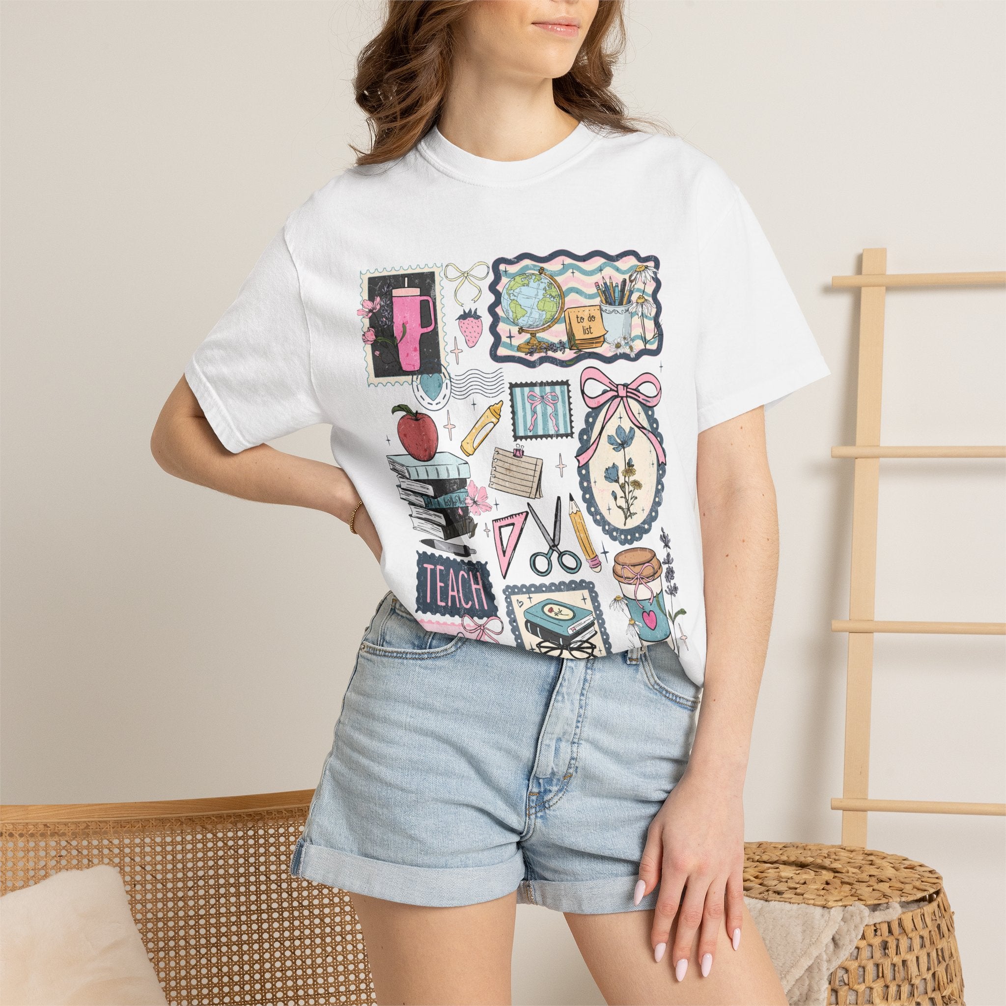 Teacher Graphic T-Shirt — Cute Classroom Icons: Teach, ABC, Apple, Books