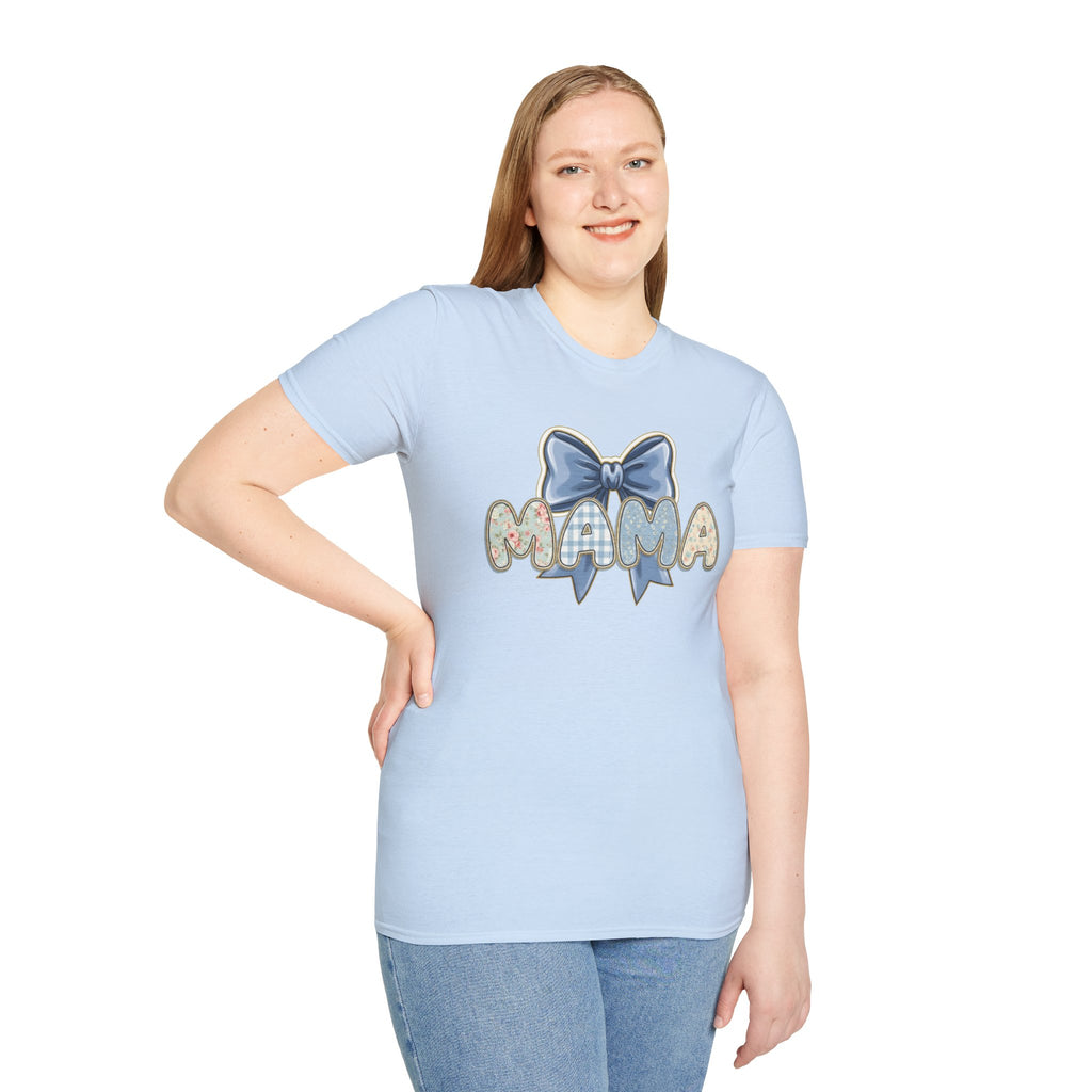 Mama bow graphic T-Shirt | floral letters, blue gingham bow