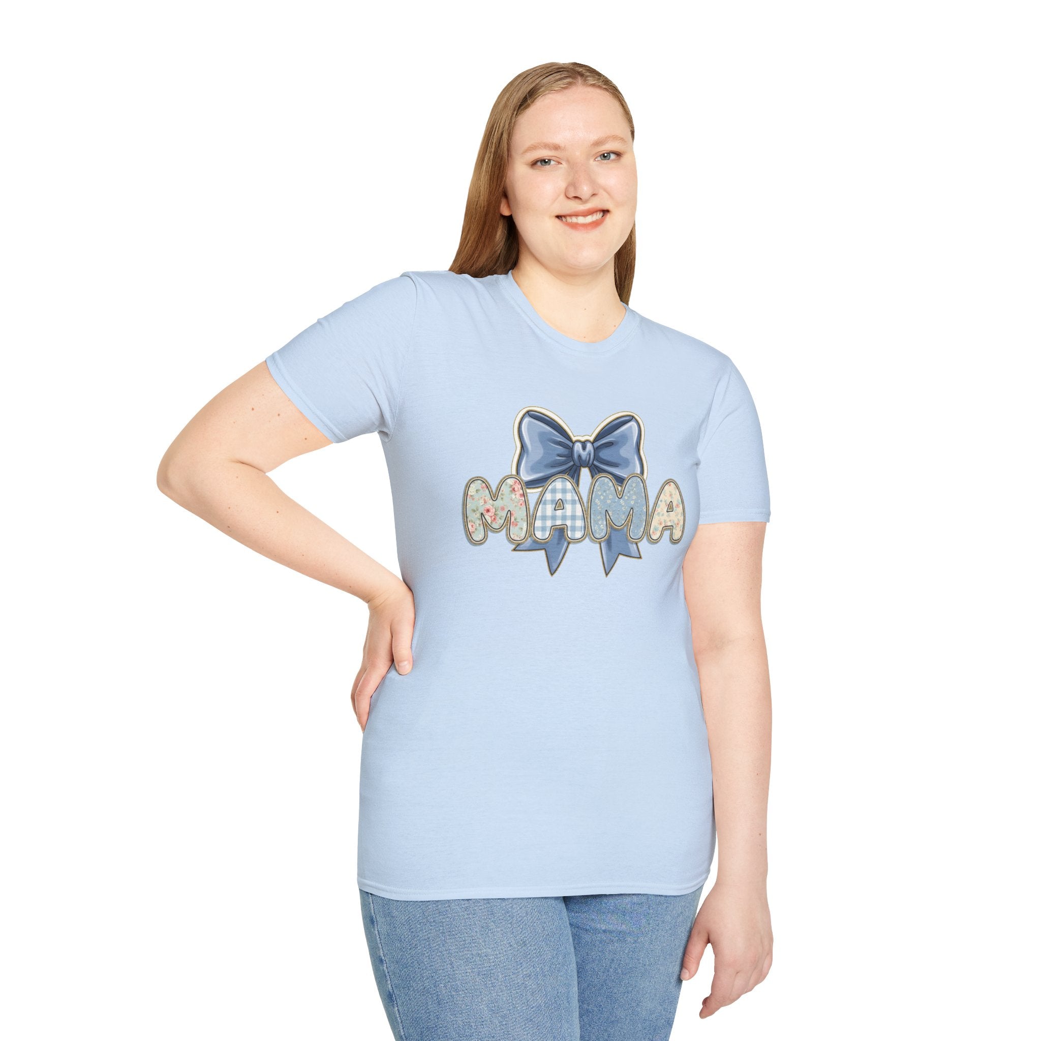 Mama bow graphic T-Shirt | floral letters, blue gingham bow
