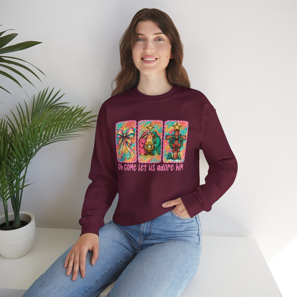 Oh Come Let Us Adore Him Christmas Religious Crewneck Sweatshirt